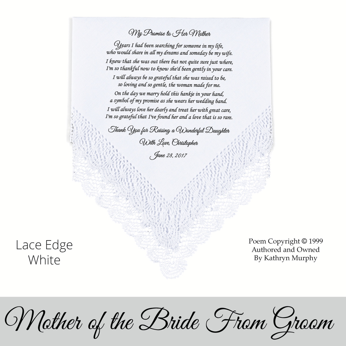 Mother of the Bride wedding hankie gift from the bride poem printed wedding hankie