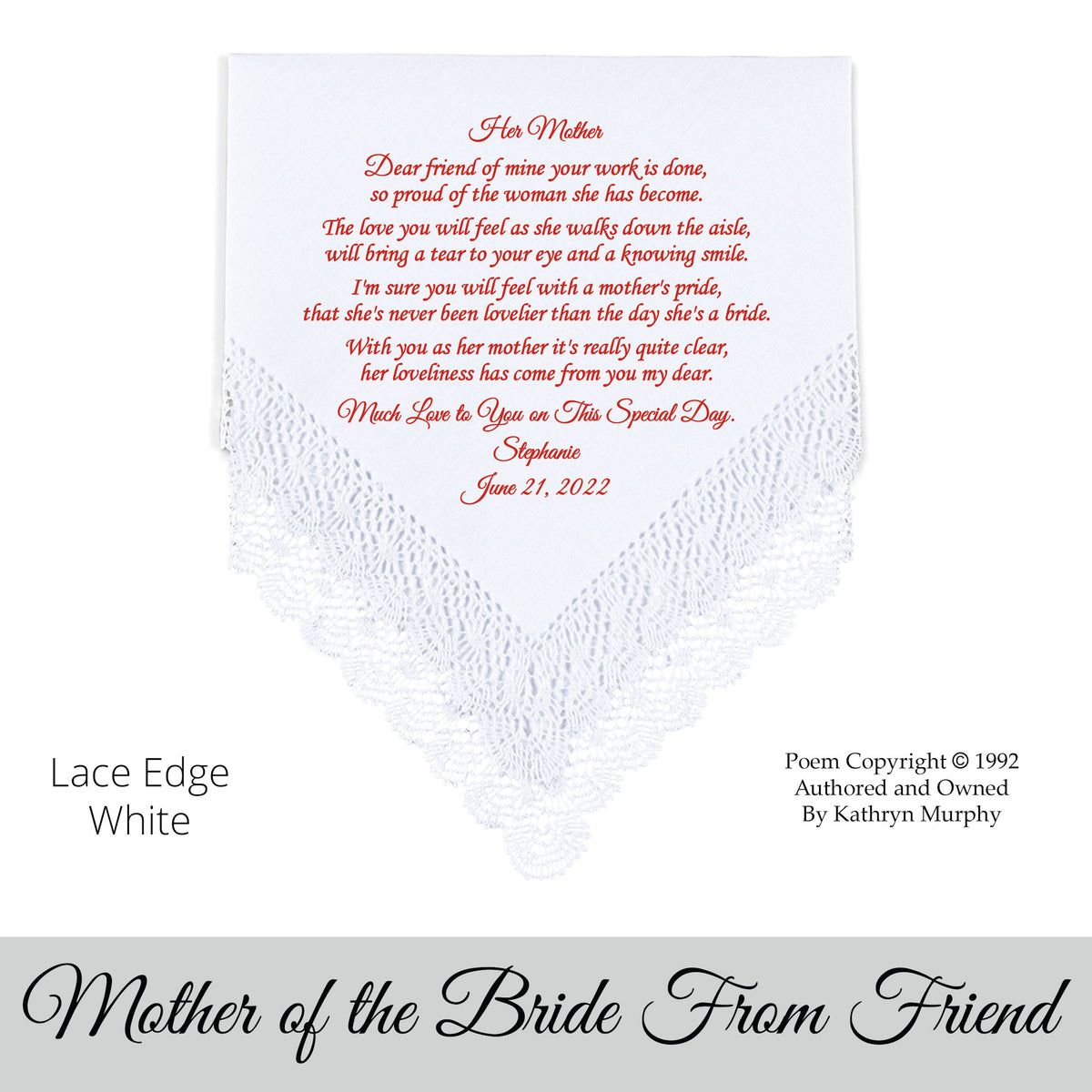 gift for the mother of the bride. Wedding Hankie with printed poem from her friend