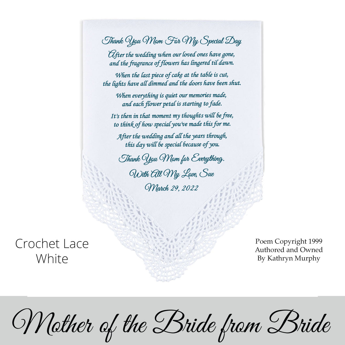Wedding hankie for the mother of the bride with a printed poem 