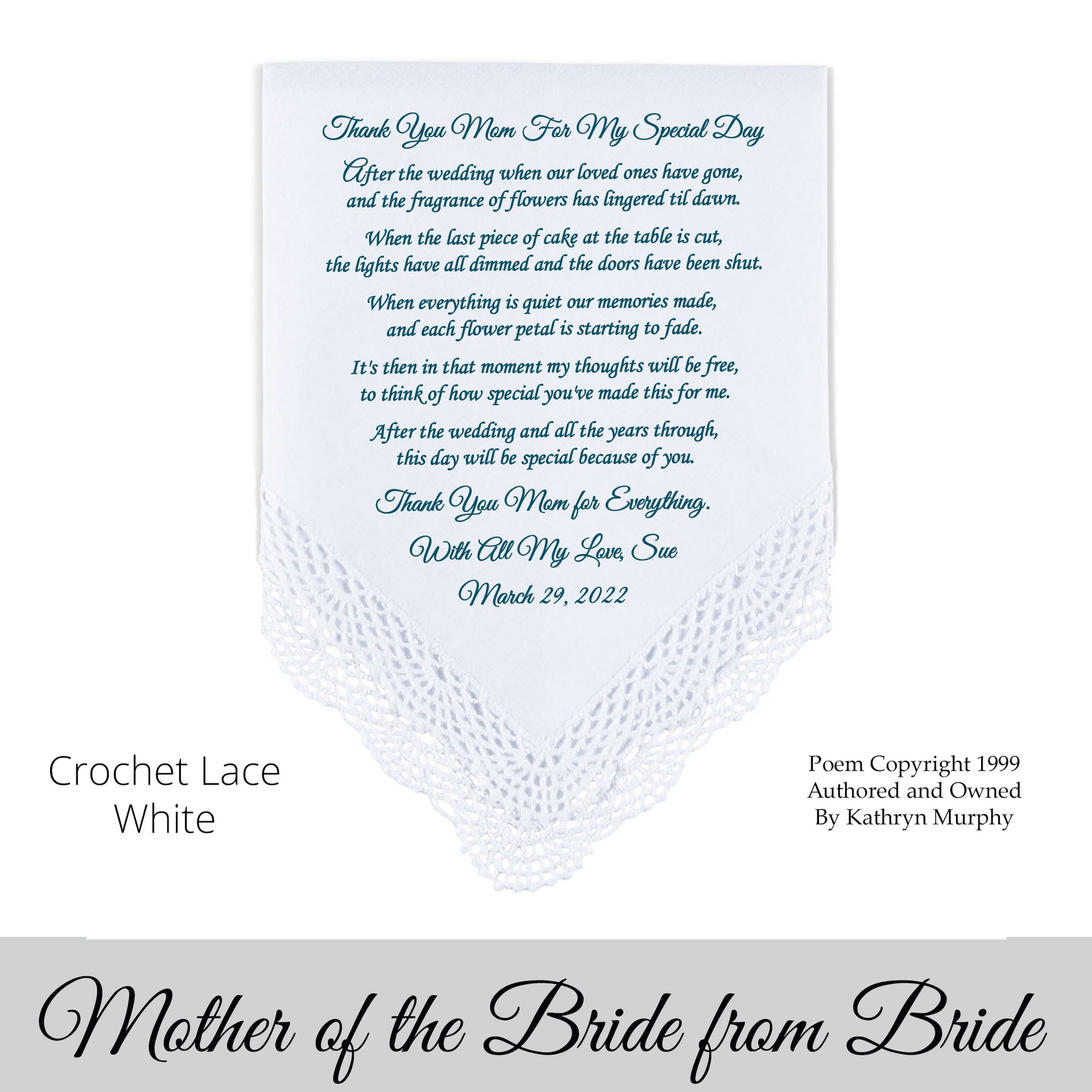 Wedding hankie for the mother of the bride with a printed poem 