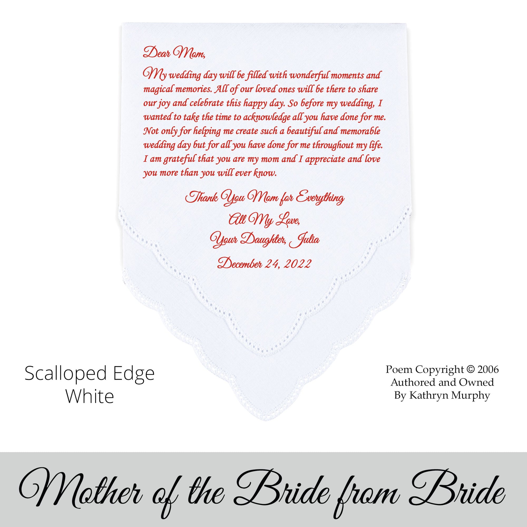 Mother of the Bride wedding hankie gift from the bride