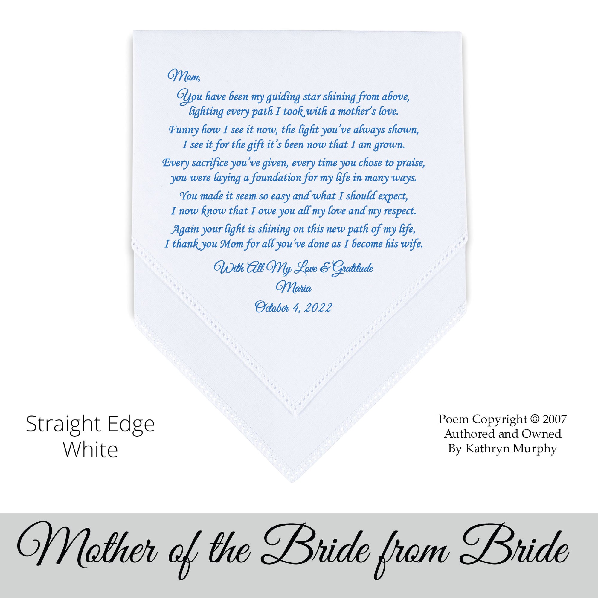 gift for the mother of the bride. Wedding Hankie with printed poem from the bride 