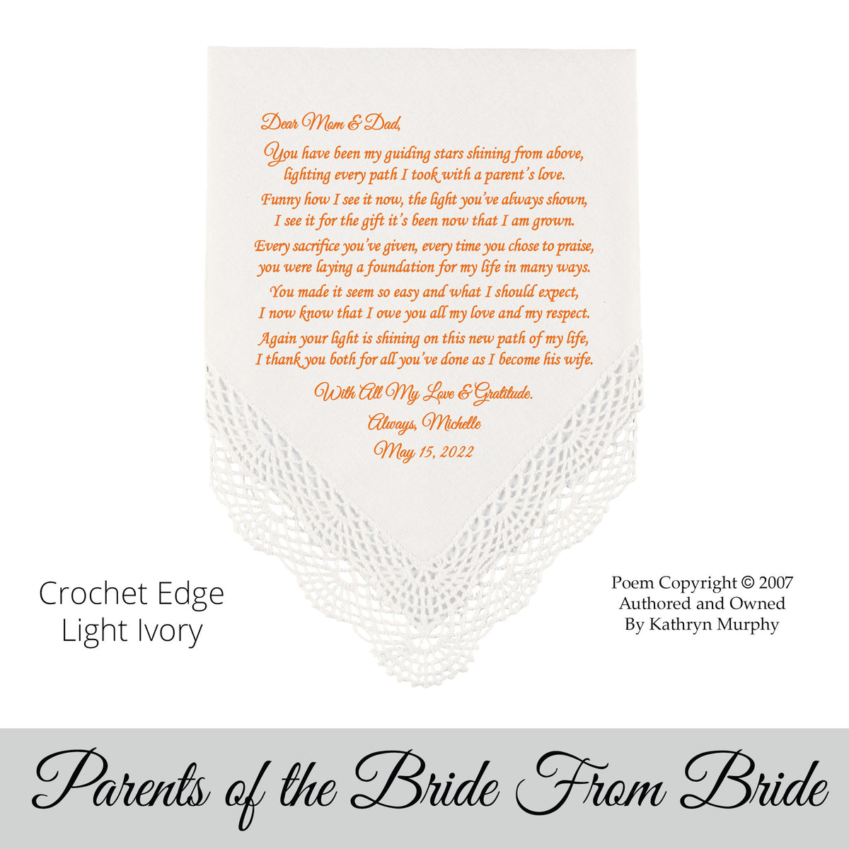 Gift for the parents of the Bride. Printed wedding hankie 