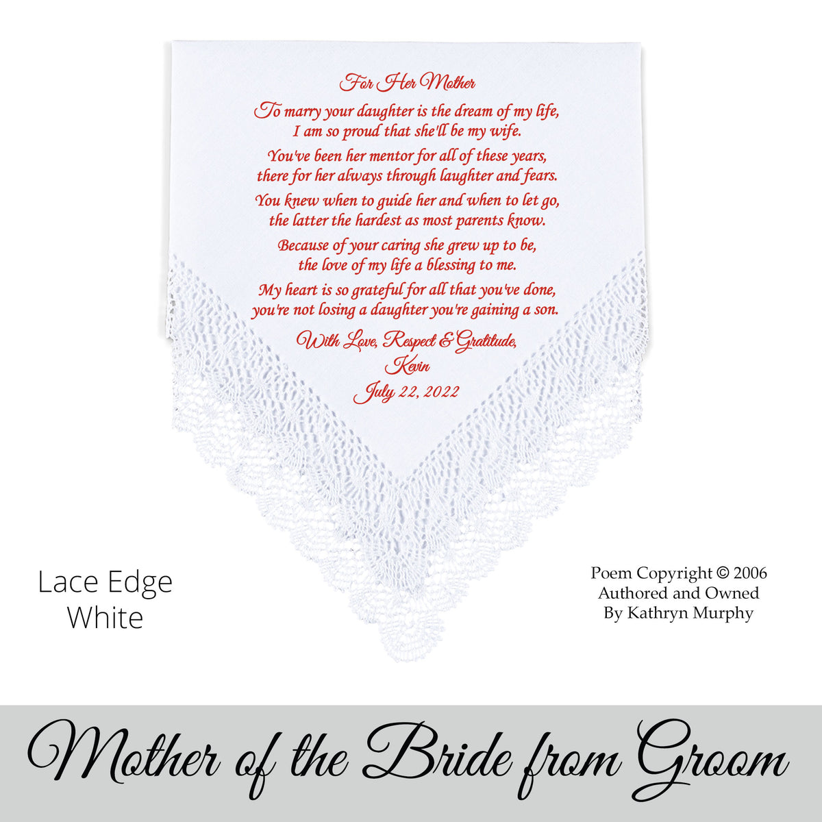 gift for the mother of the bride. Wedding Hankie with printed poem from the groom