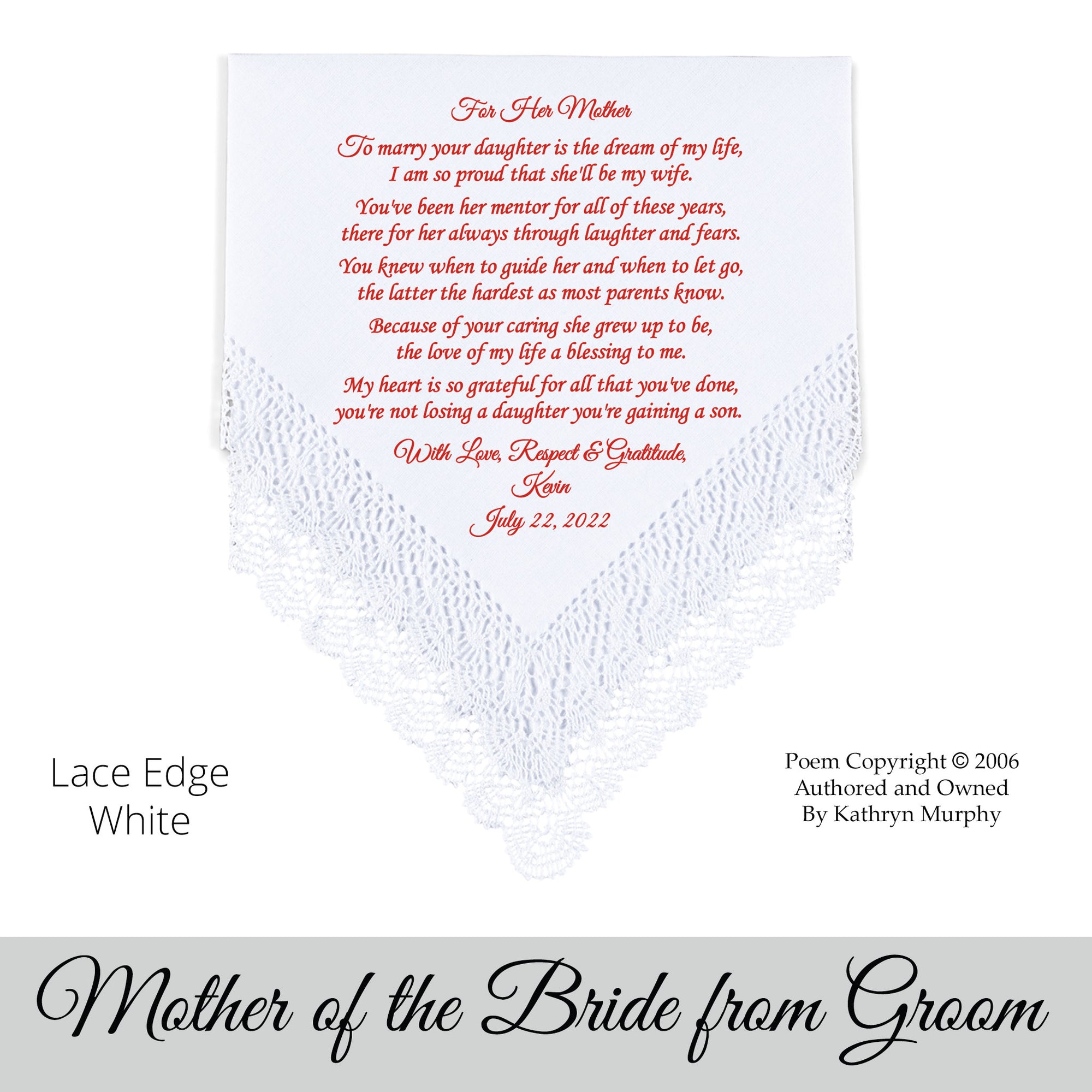 gift for the mother of the bride. Wedding Hankie with printed poem from the groom
