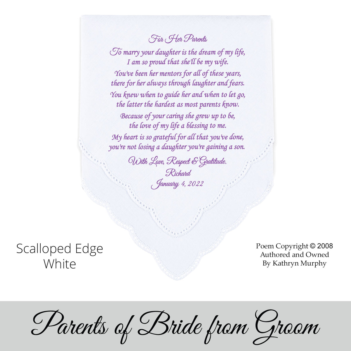 Gift for the parents of the bride from the groom. Printed wedding hankie 