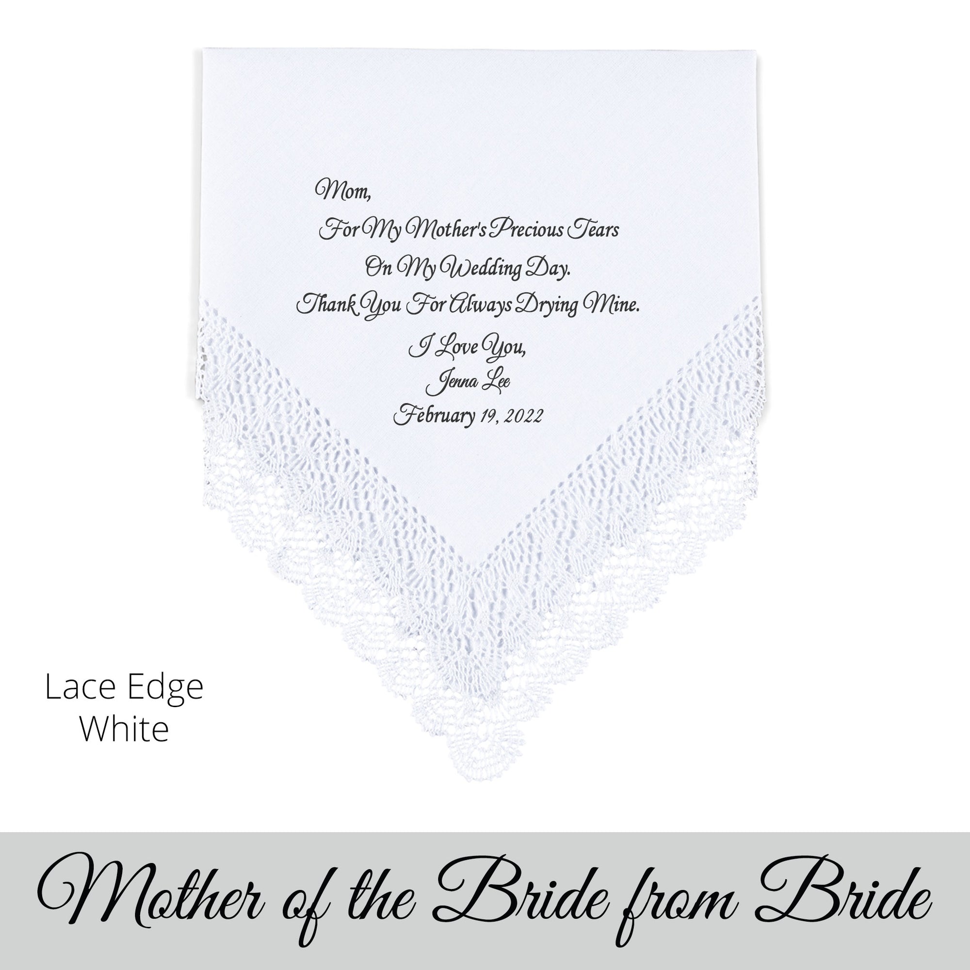gift for the mother of the bride. Wedding Hankie with printed poem from the bride 