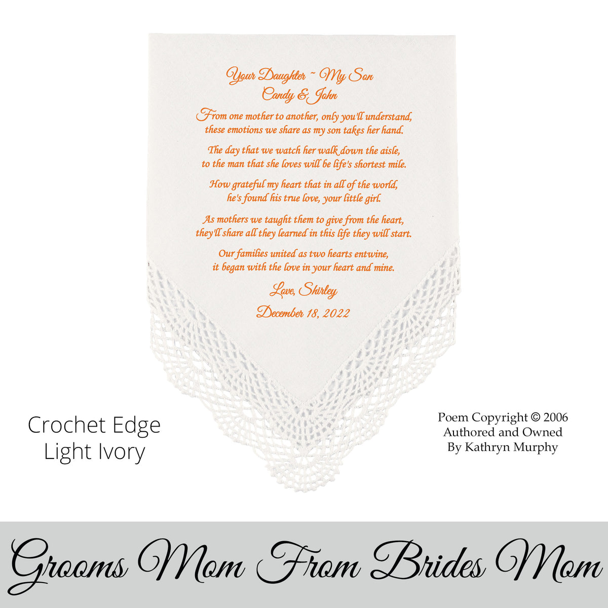 Mother of the Bride wedding hankie gift from the mother of the groom