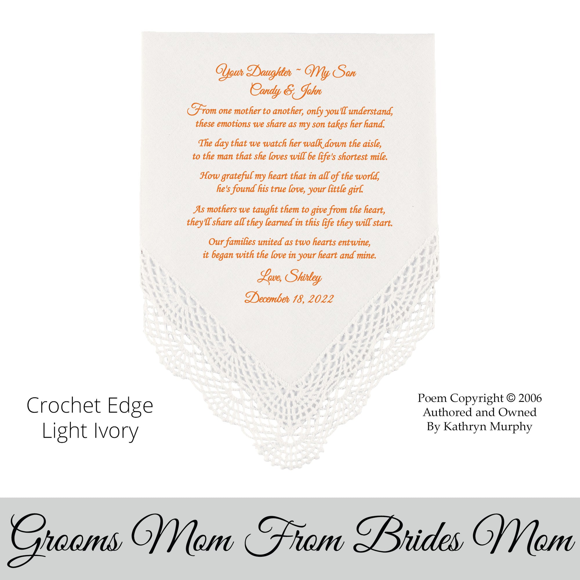 Mother of the Bride wedding hankie gift from the mother of the groom