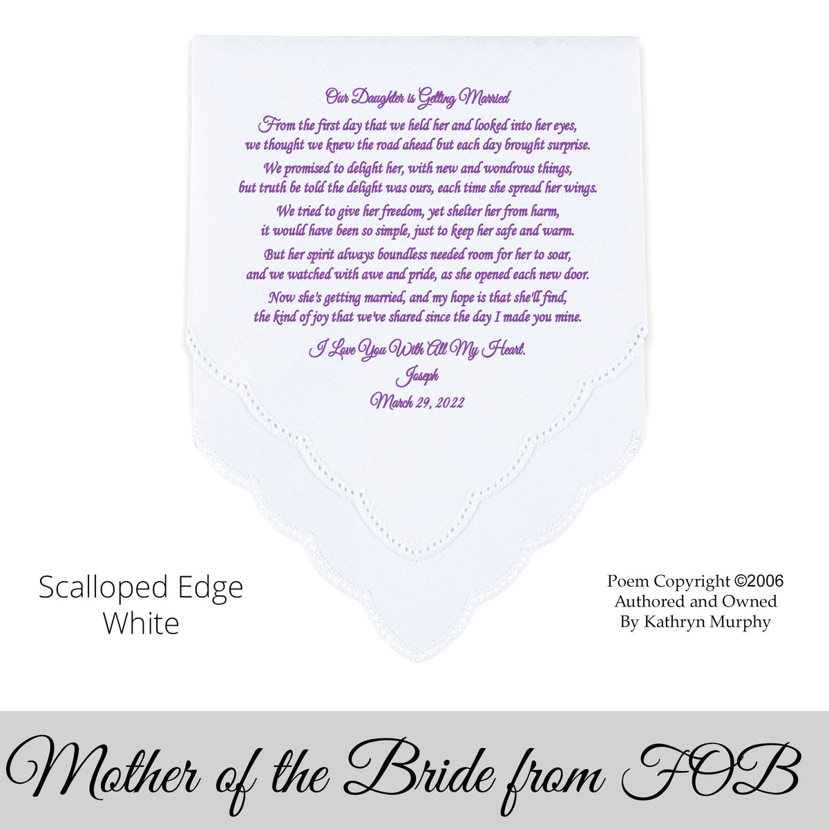 gift for the mother of the bride. Wedding Hankie with printed poem from the father of the bride