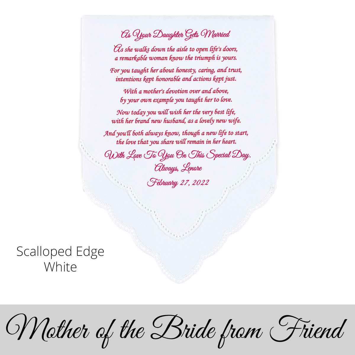 Mother of the Bride wedding hankie gift from the bride poem printed wedding hankie