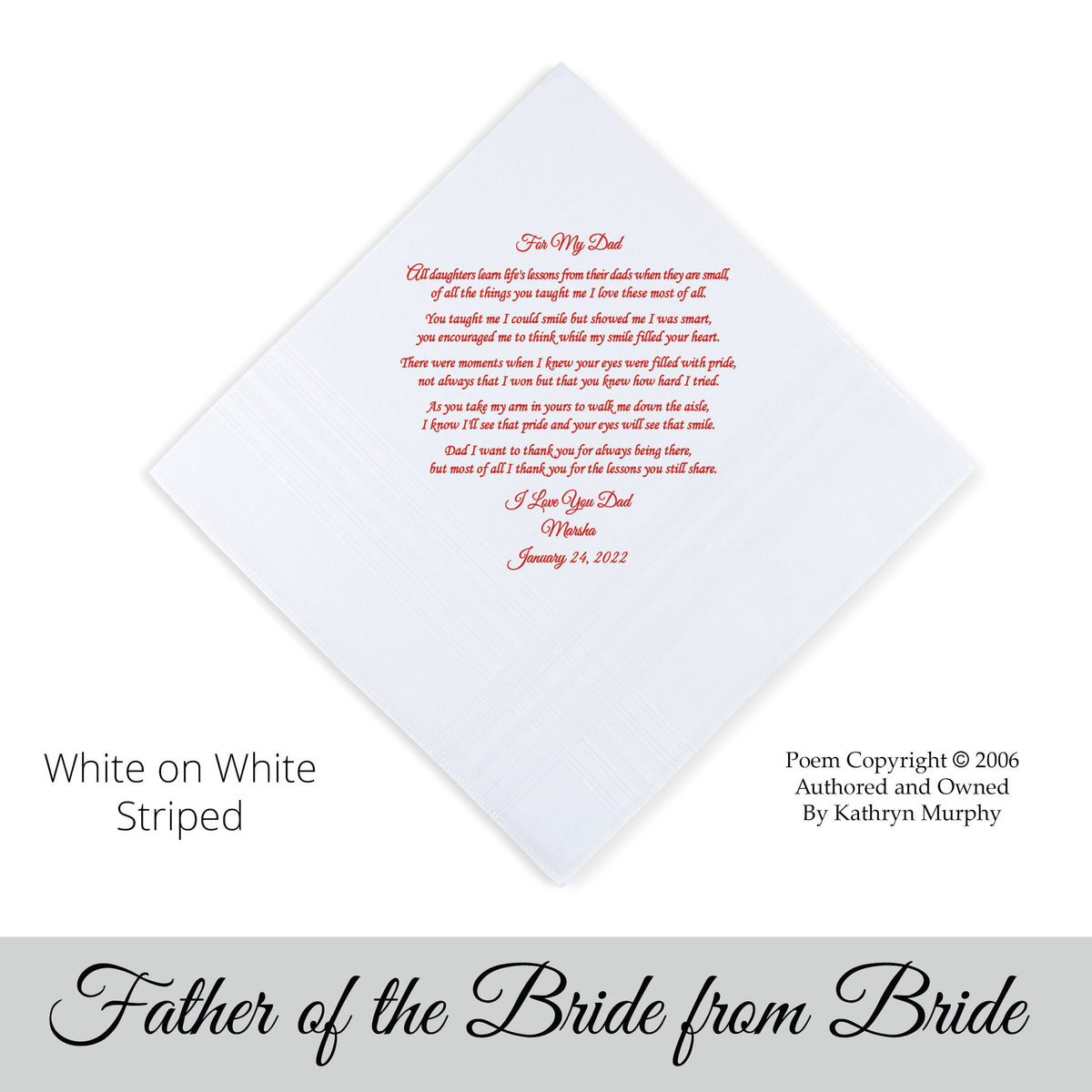 Father of the Bride Gift.  wedding hankie with the poem &quot;for my dad&quot;