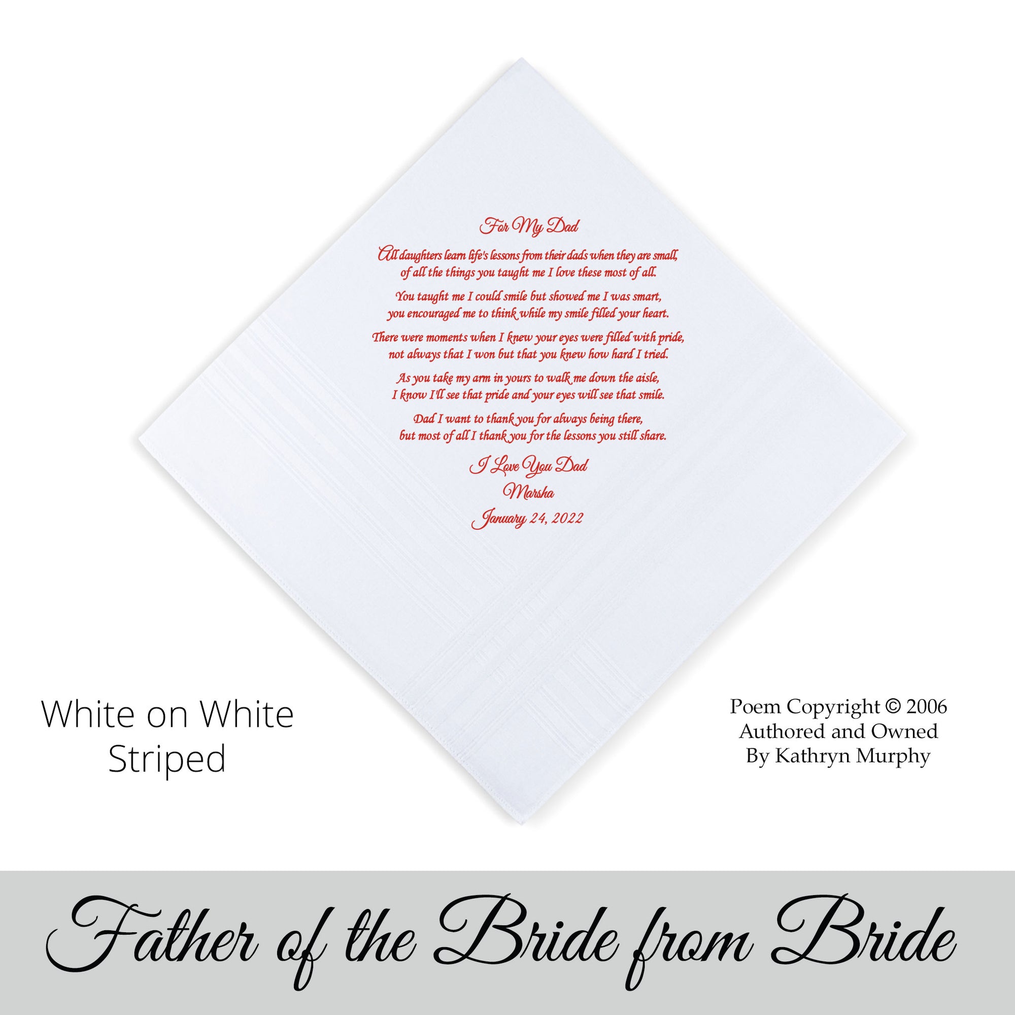 Father of the Bride Gift.  wedding hankie with the poem "for my dad"