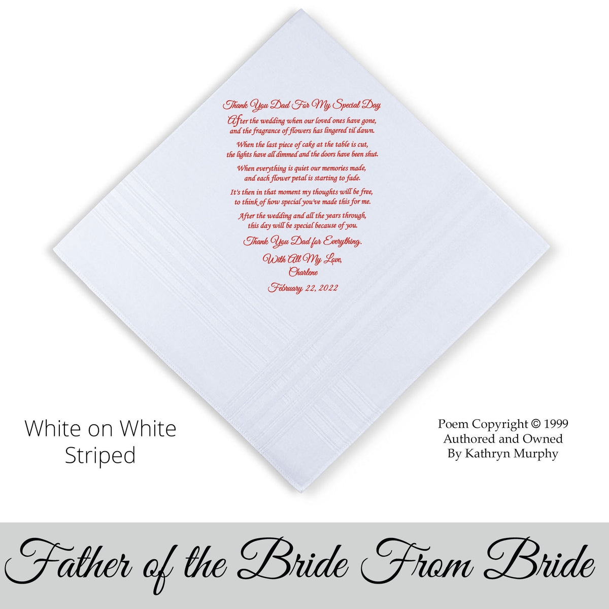 For the father of the bride wedding hankie with poem &quot;Thank you for my special day&quot;