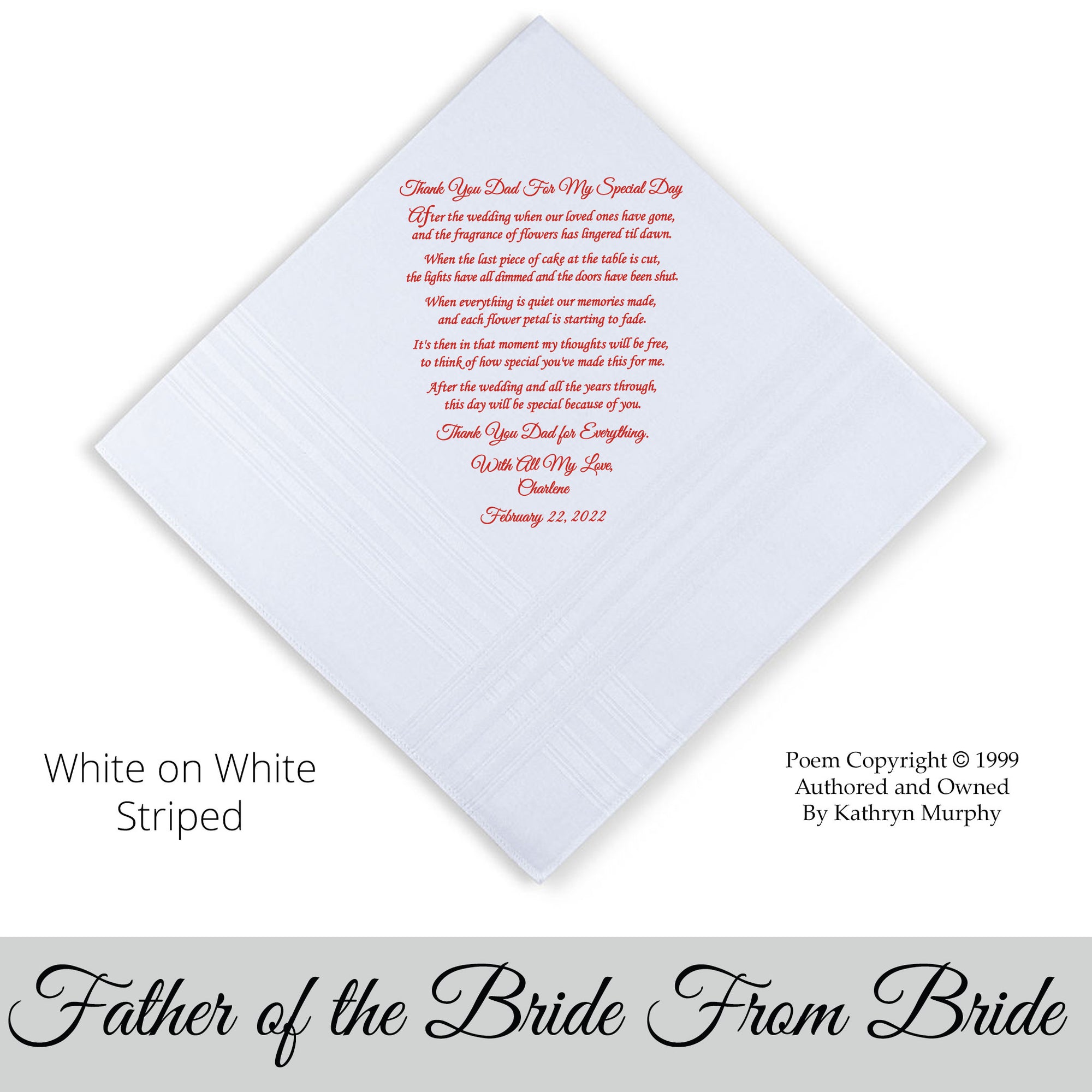 For the father of the bride wedding hankie with poem "Thank you for my special day"