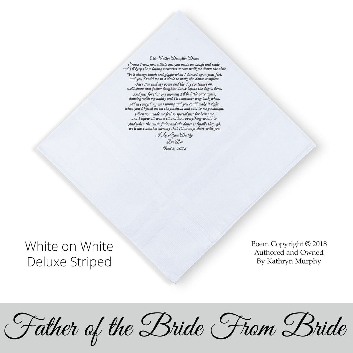 Poem Printed Wedding Hankie for Father of the Bride &quot;Our Father Daughter Dance&quot;