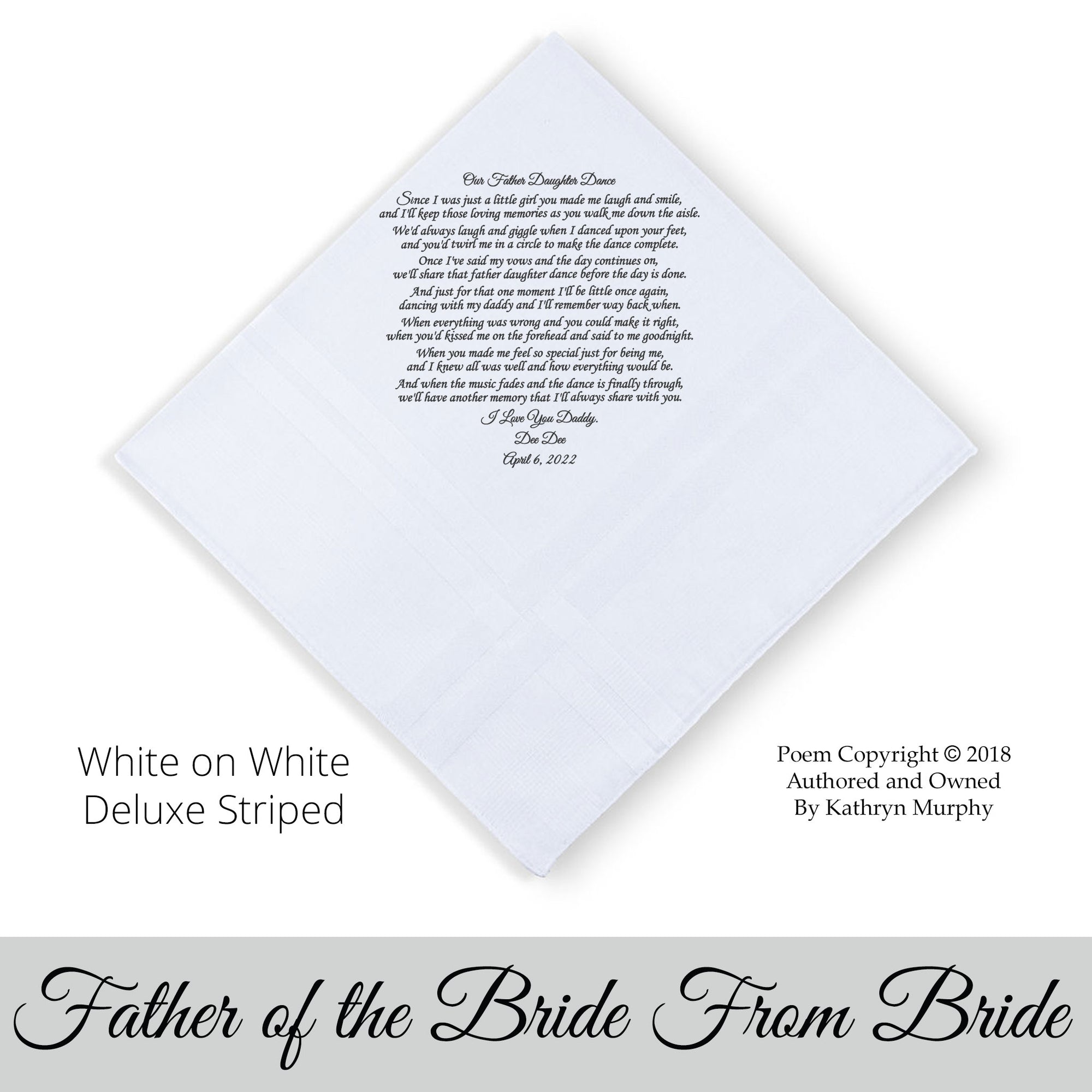 Poem Printed Wedding Hankie for Father of the Bride "Our Father Daughter Dance"