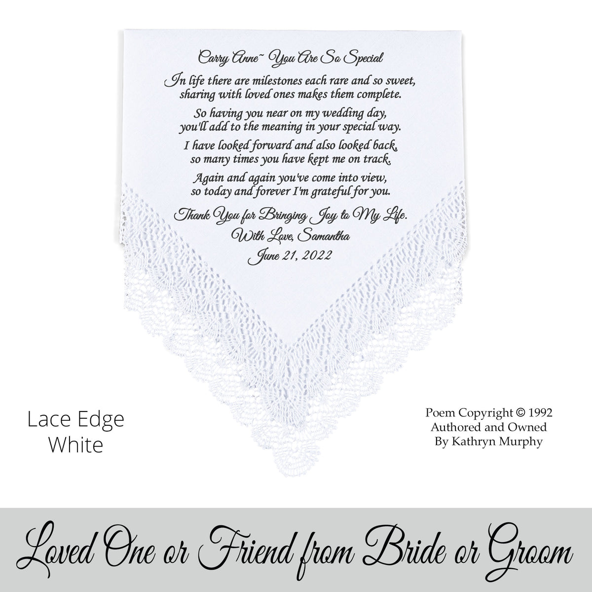 Gift from the bride to a loved one. Wedding hankie with printed poem 