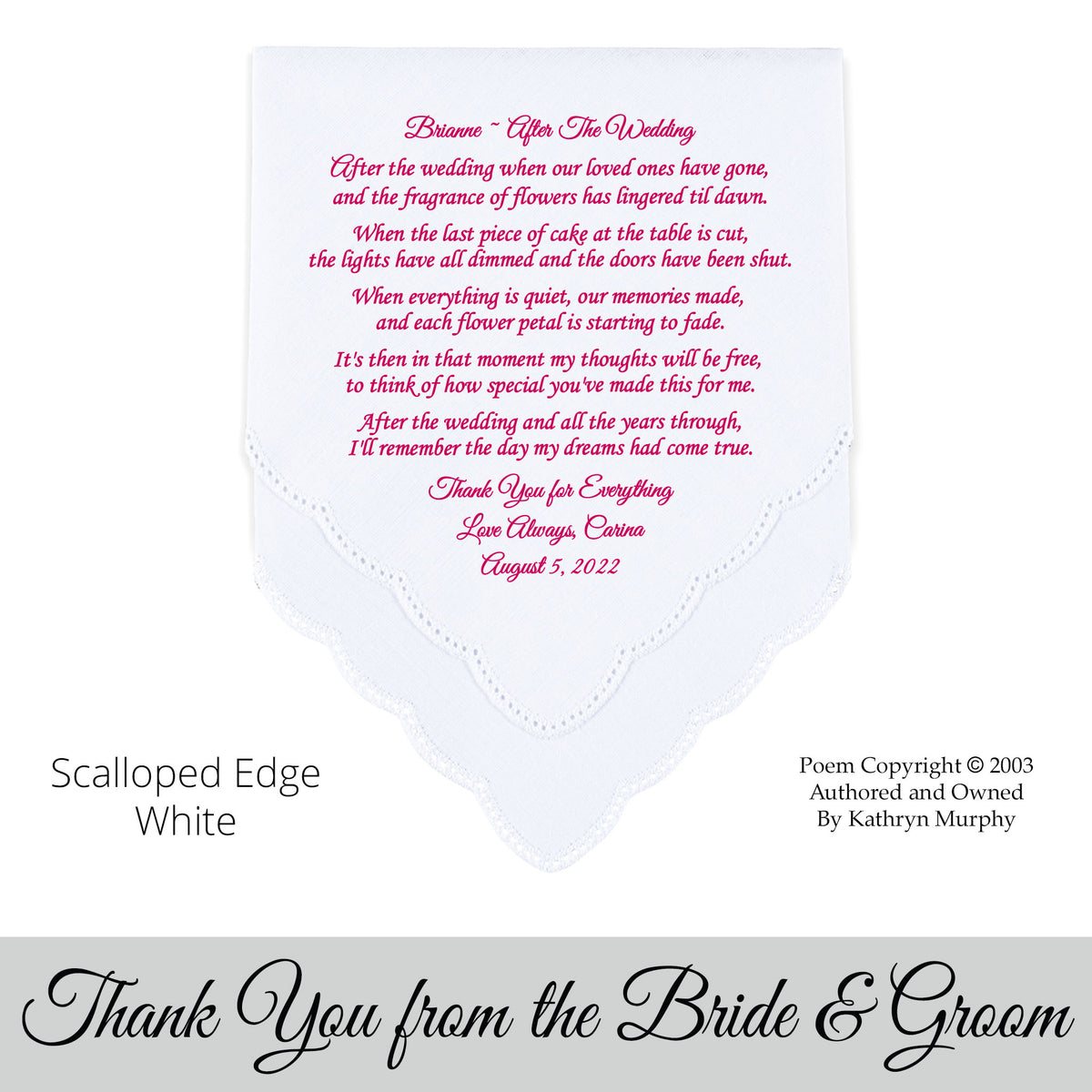 printed wedding hankie gift for loved one from bride or groom