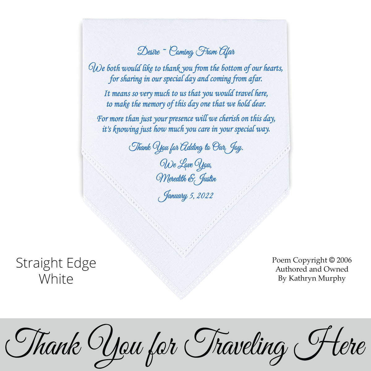 gift for someone who traveled to your wedding. Wedding hankie with printed poem