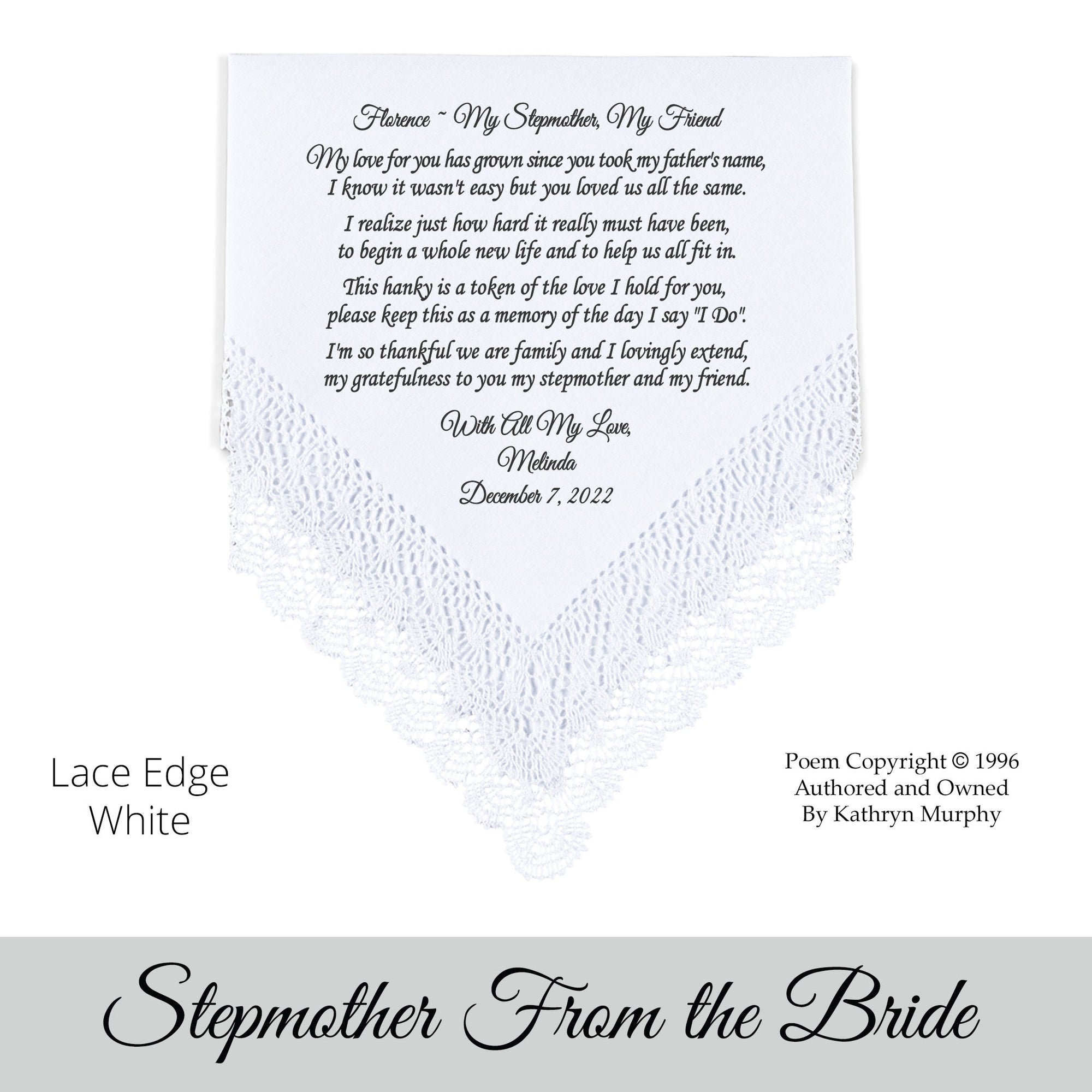 Gift for the stepmother of the bride poem printed wedding hankie