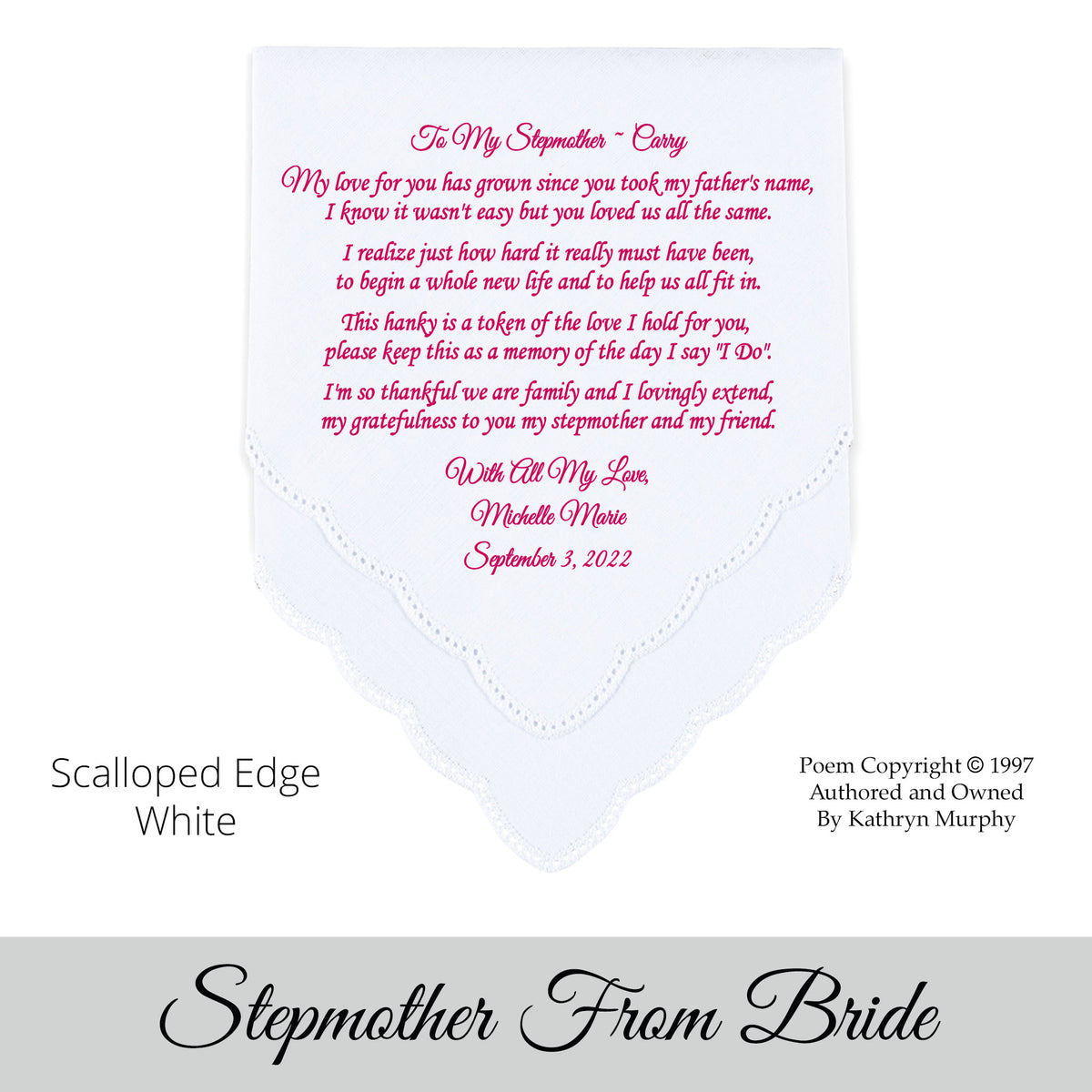 gift for the stepmother of the bride. Wedding Hankie with printed poem