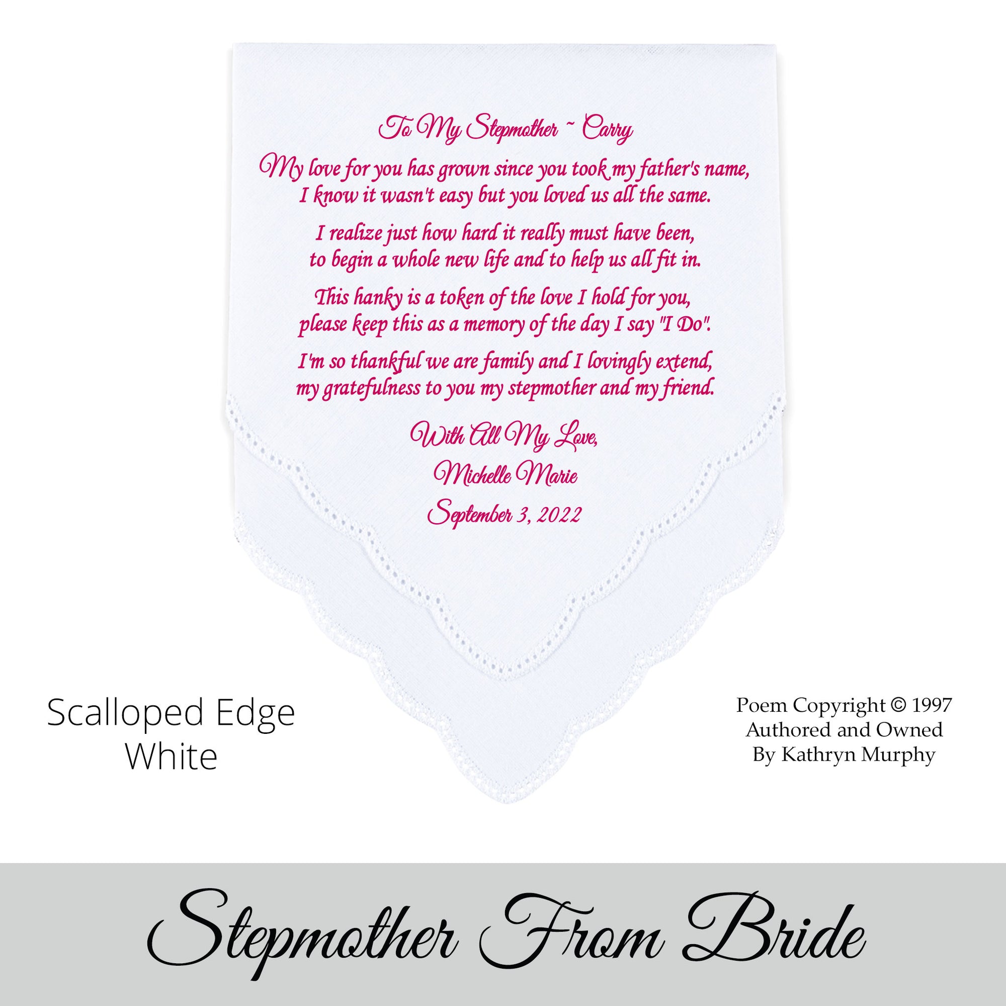 gift for the stepmother of the bride. Wedding Hankie with printed poem