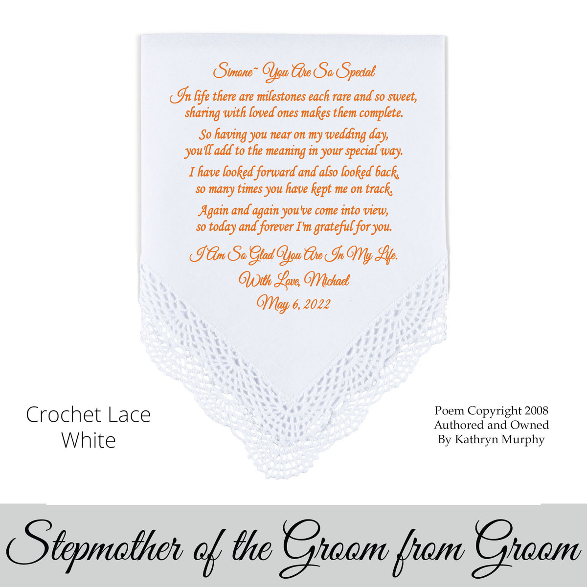 gift for the stepmother of the bride or groom. Wedding Hankie with printed poem