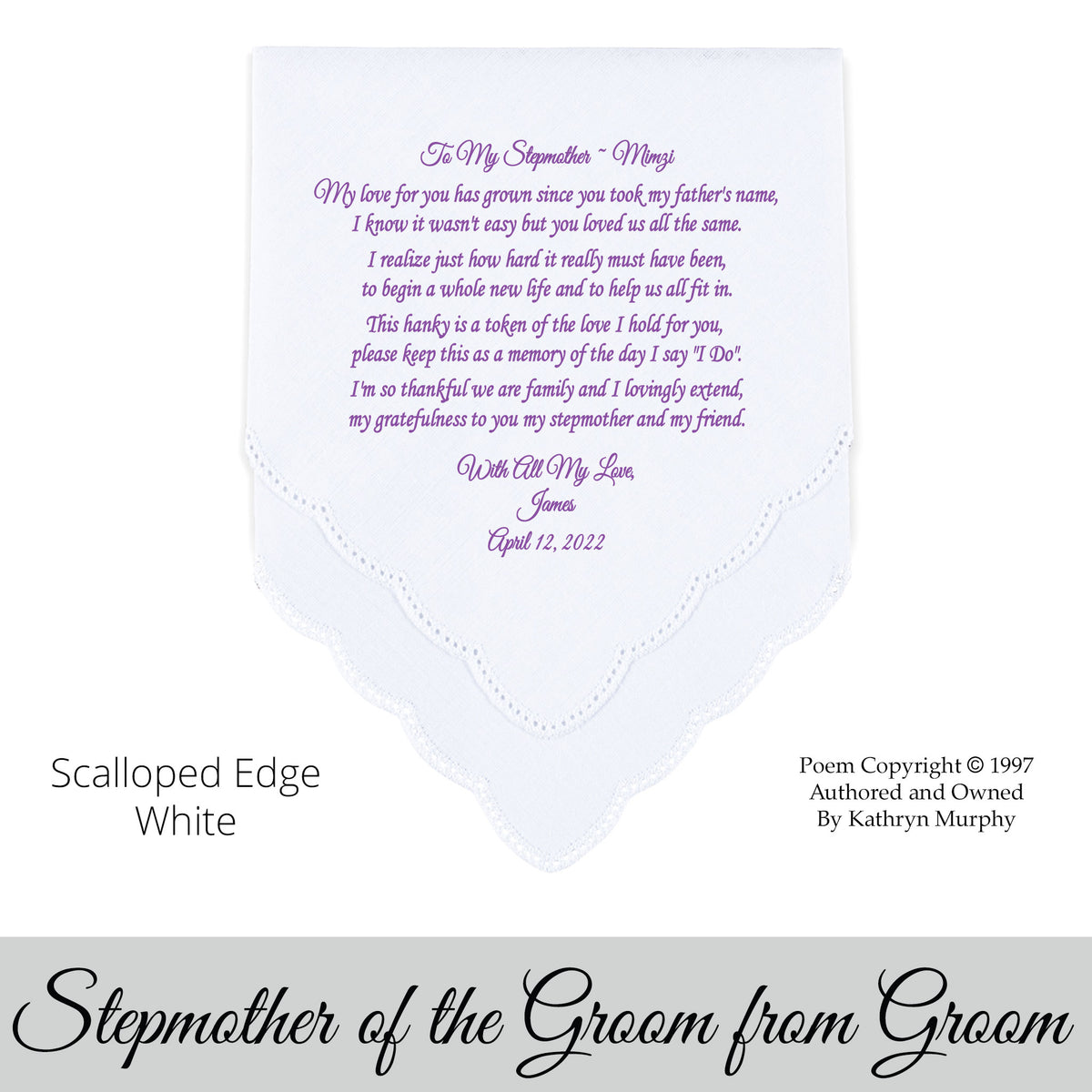 Poem Printed Wedding Hankie for Stepmother from the Groom &quot;The Love I Hold For You&quot;