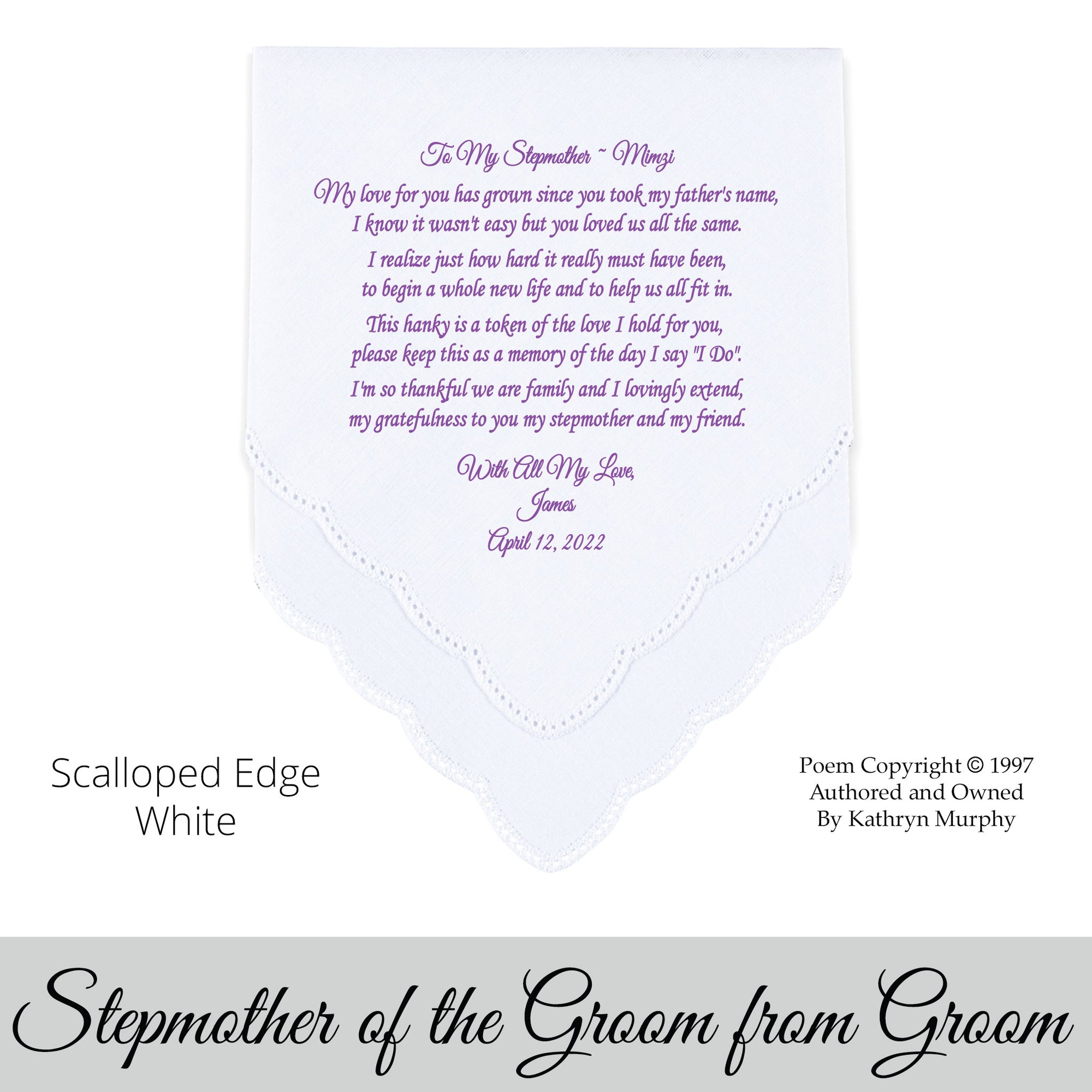 Poem Printed Wedding Hankie for Stepmother from the Groom "The Love I Hold For You"
