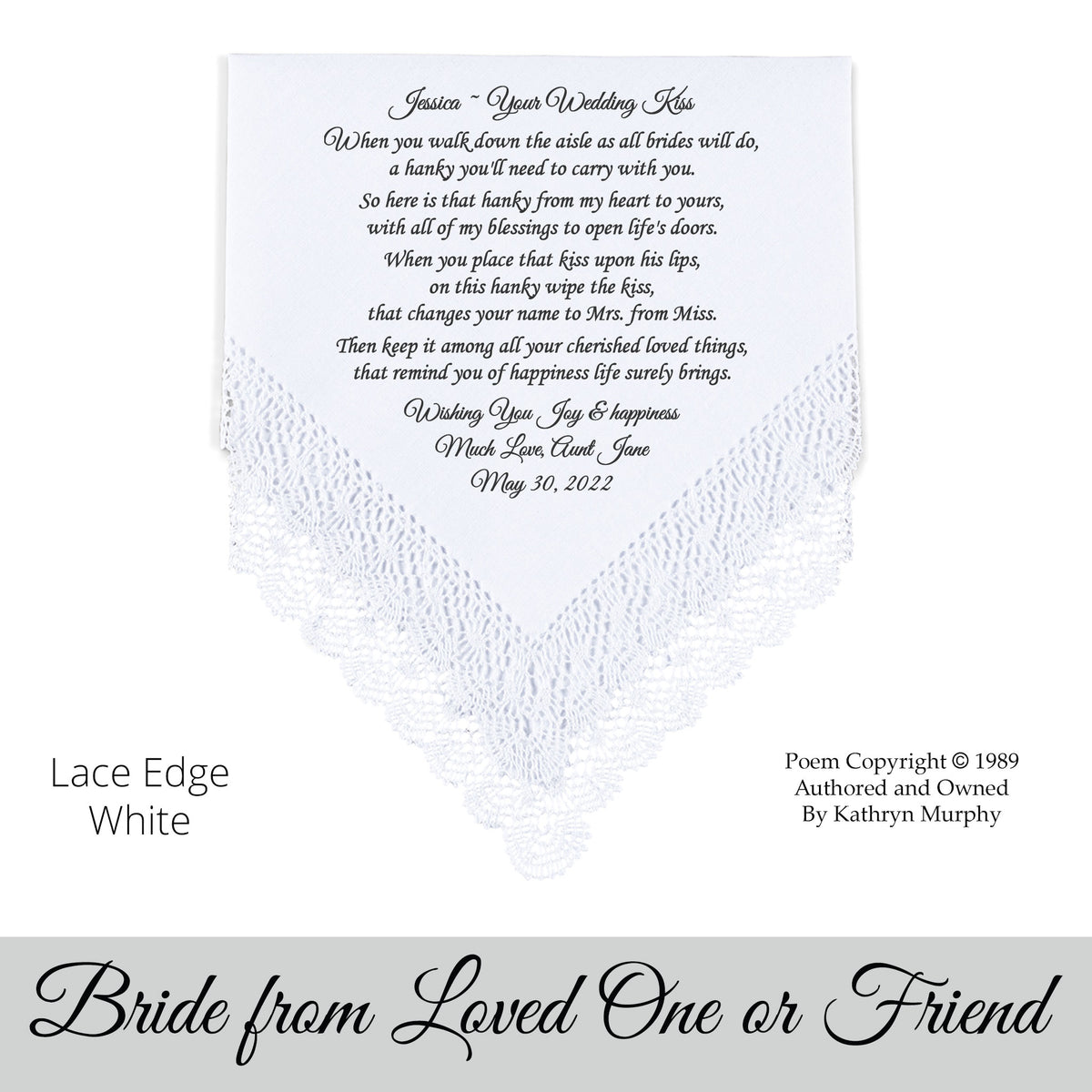 Gift for the Bride wedding hankie with the poem Your Wedding Kiss