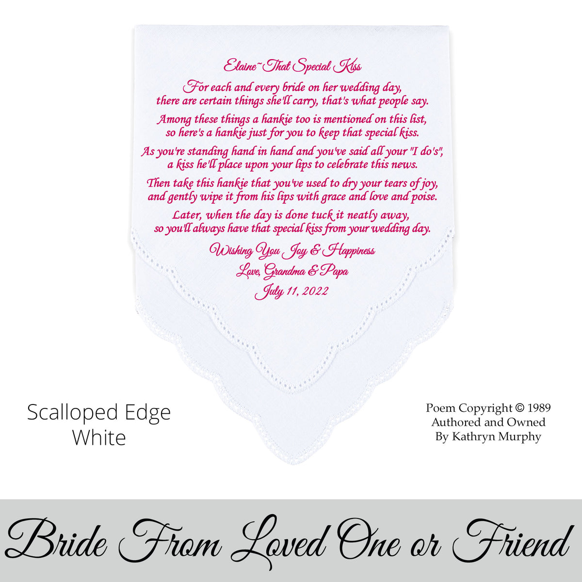 Gift for the Bride wedding hankie with the poem That Special Kiss