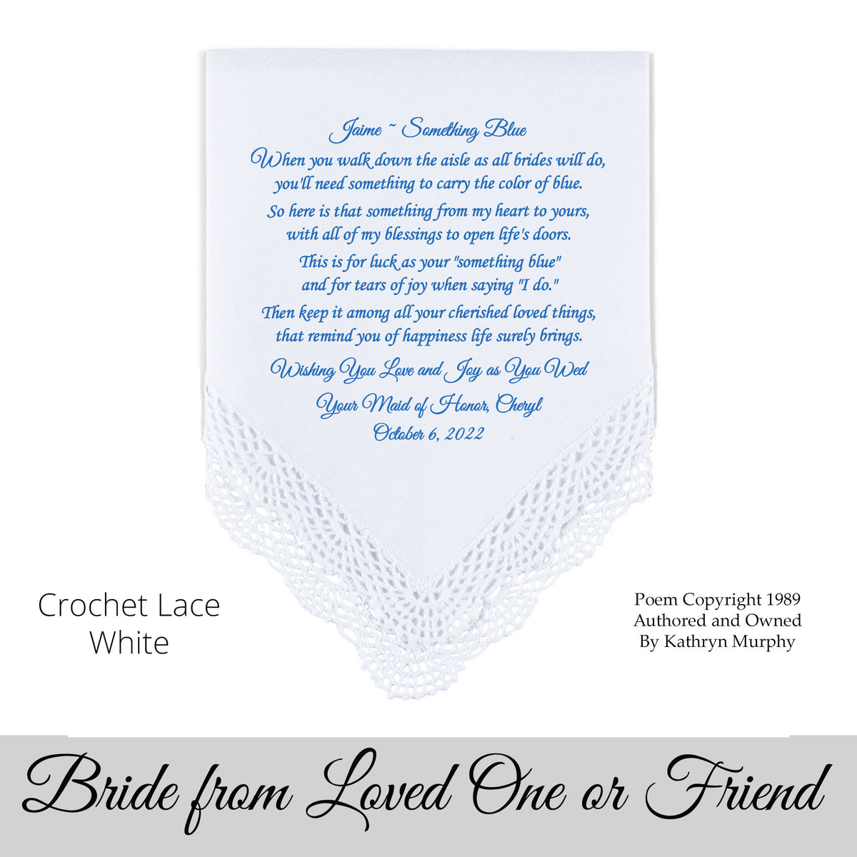 Poem Printed Wedding Hankie for the Bride from a Loved One or Friend &quot;Something Blue&quot;