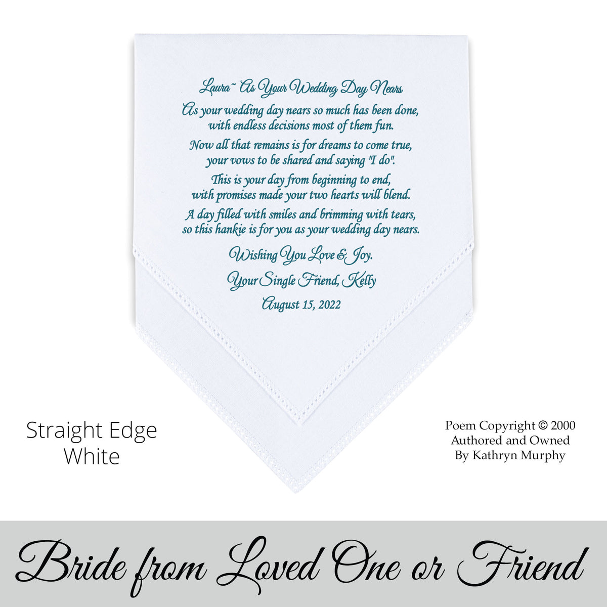 Poem Printed Wedding Hankie for the Bride from a Loved One &quot;Wishing You Love and Joy&quot;