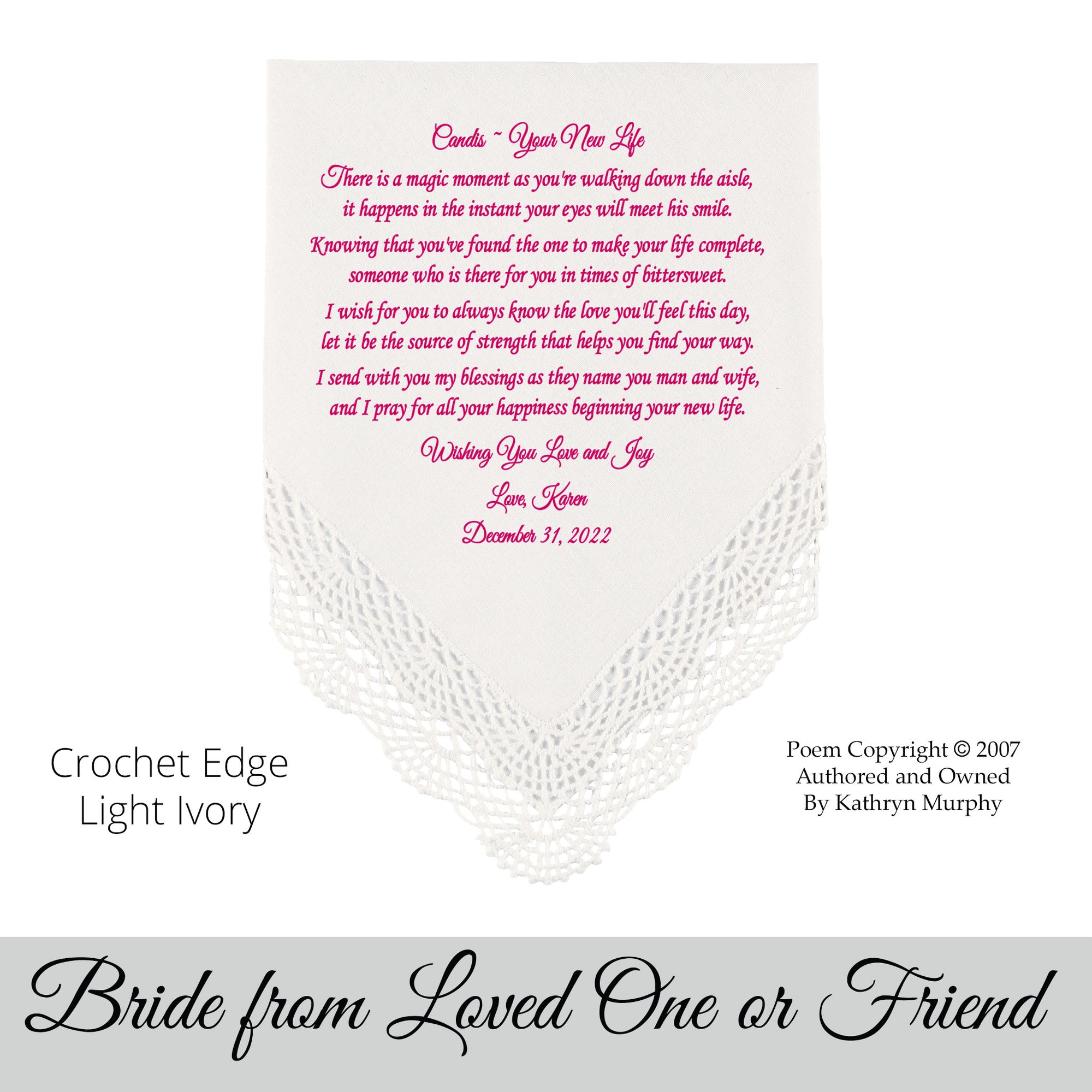 Gift for the Bride wedding hankie with the poem Your New Life