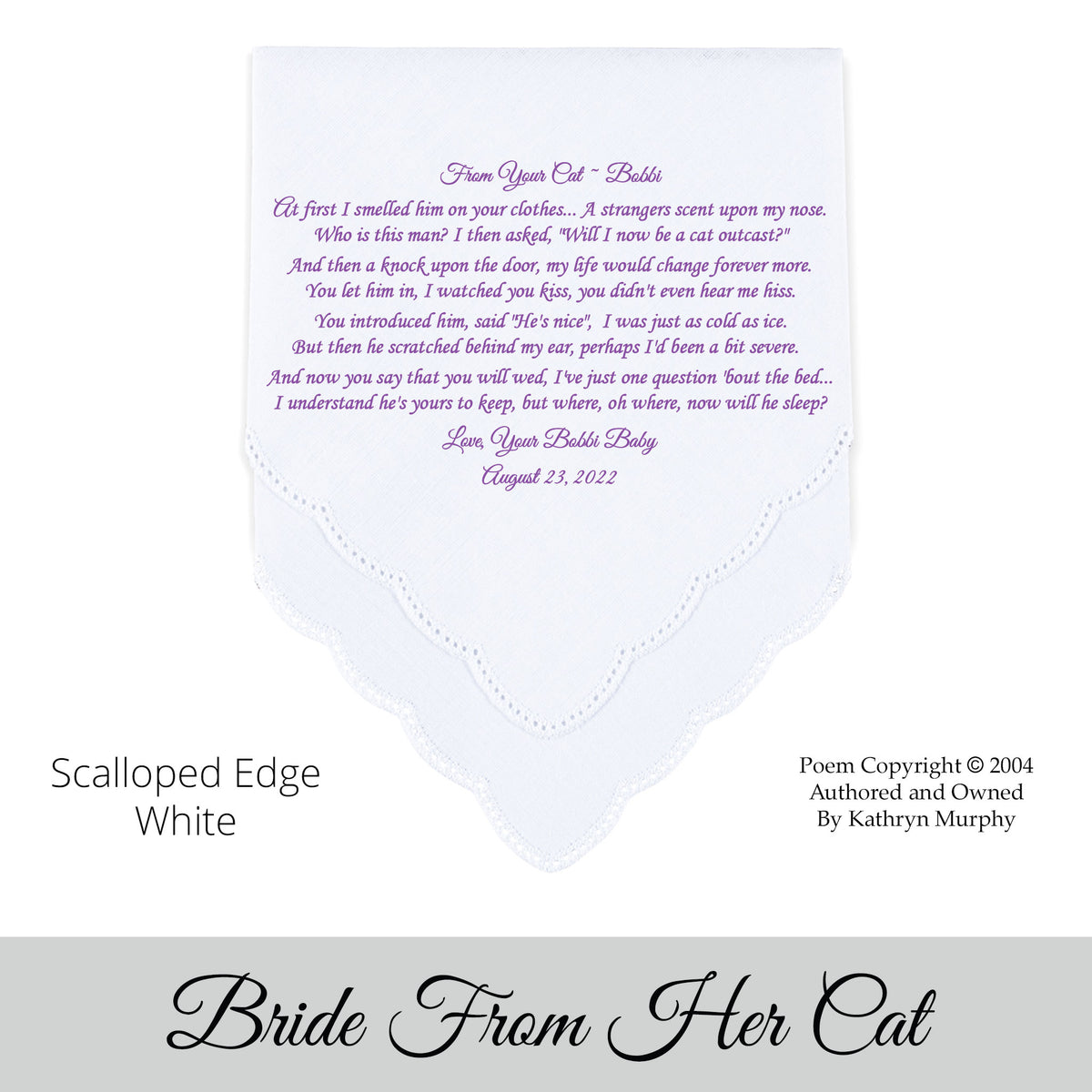 Gift for the Bride wedding hankie with the poem from her cat
