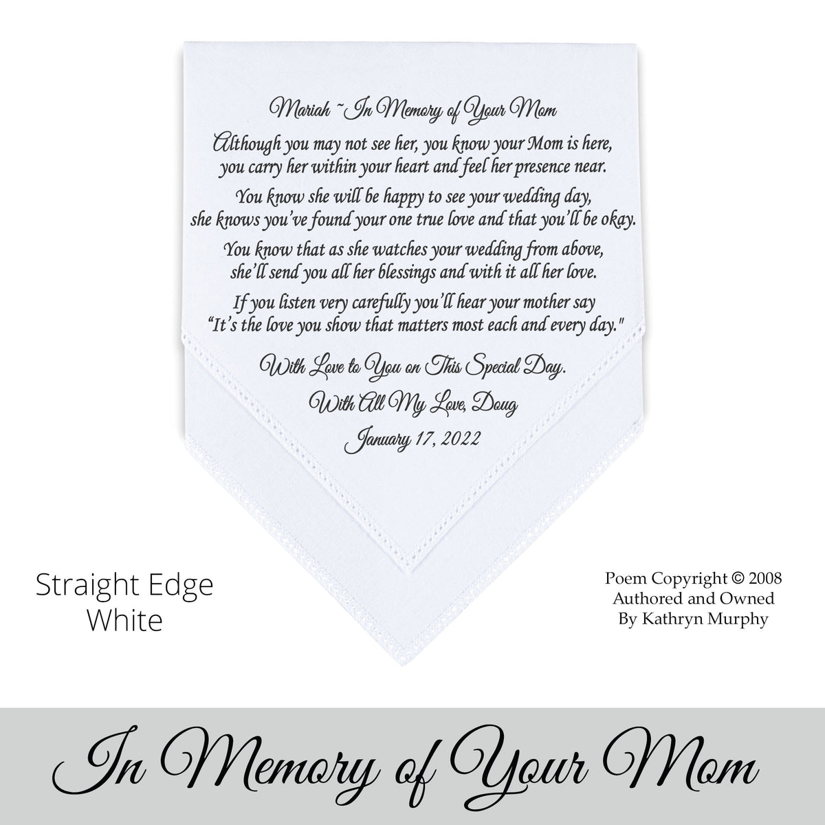 Gift for the Bride wedding hankie with the poem In Memory of Your Mom