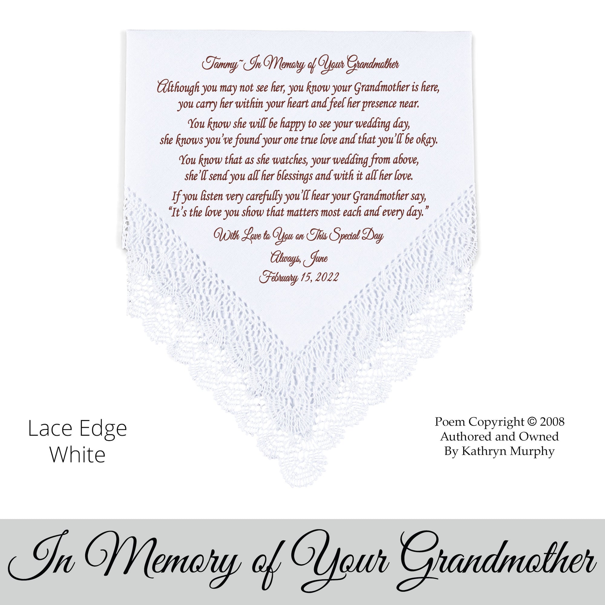 Gift for the Bride wedding hankie with the poem In Memory of Your Grandmother