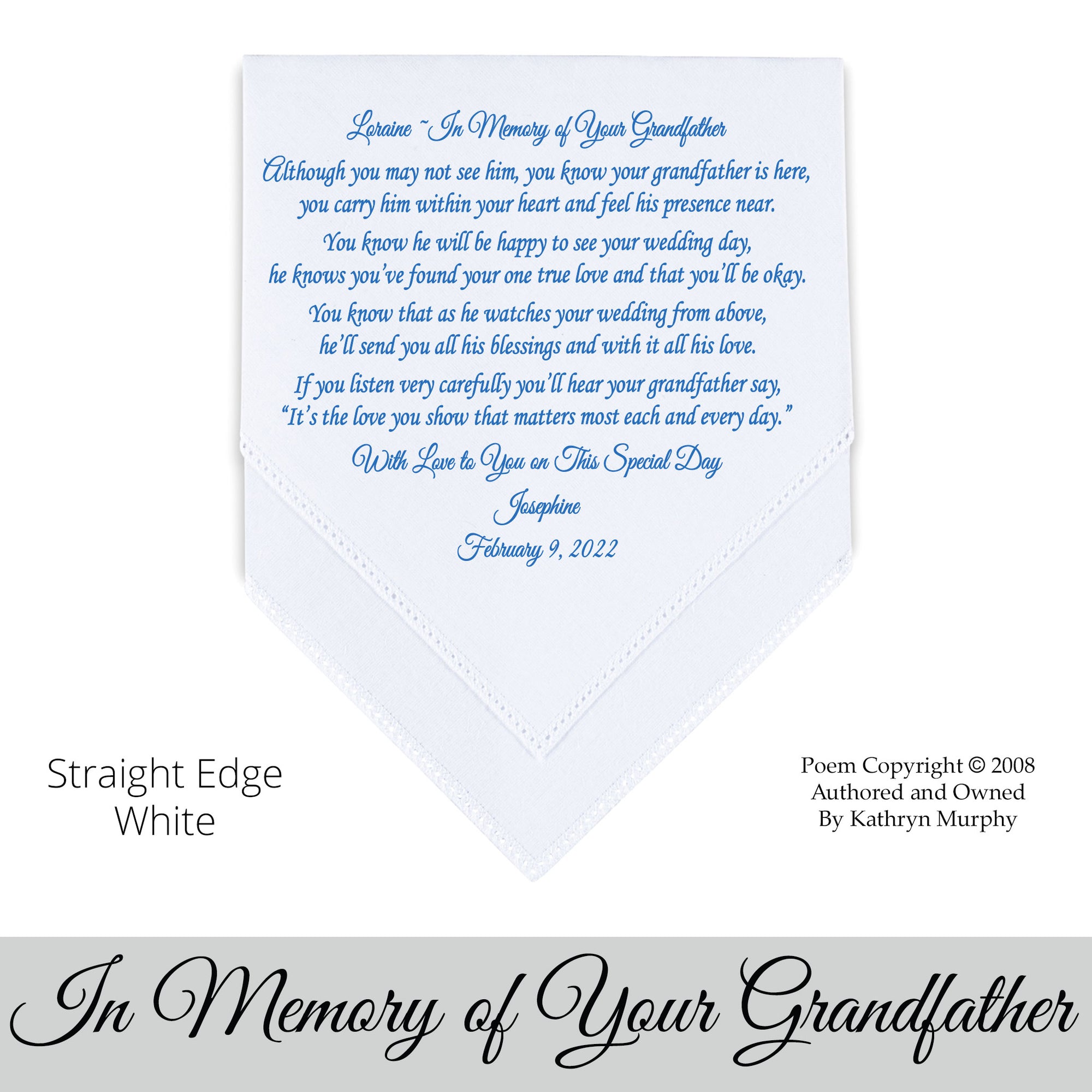 Gift for the Bride wedding hankie with the poem In Memory of Your Grandfather