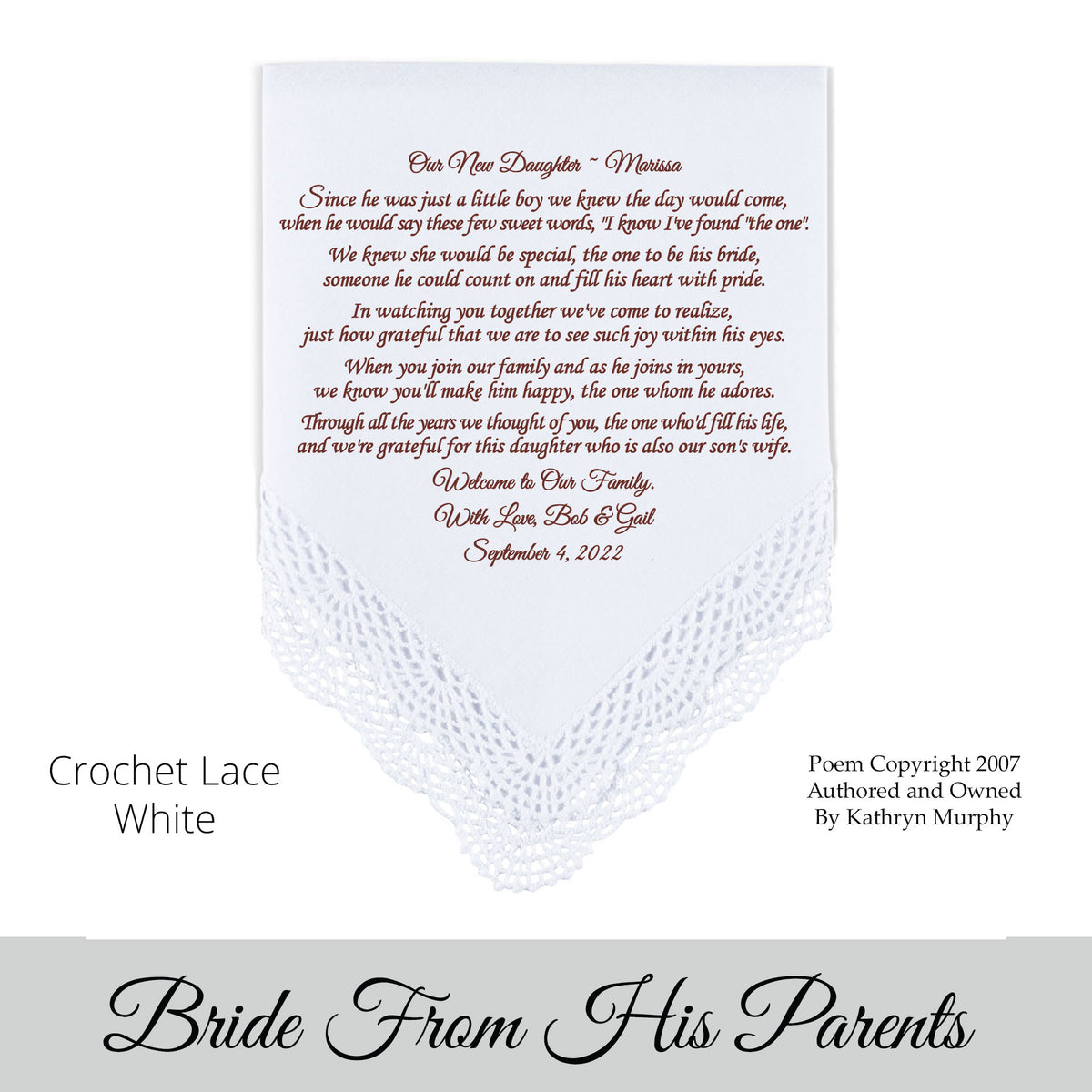 Gift for the Bride wedding hankie with the poem Our New Daughter
