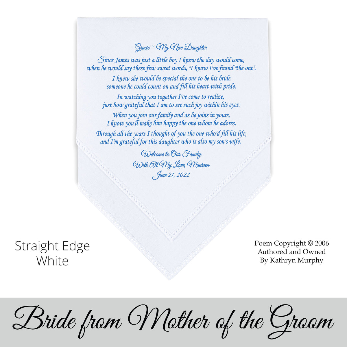 Gift for the Bride wedding hankie with the poem My New Daughter