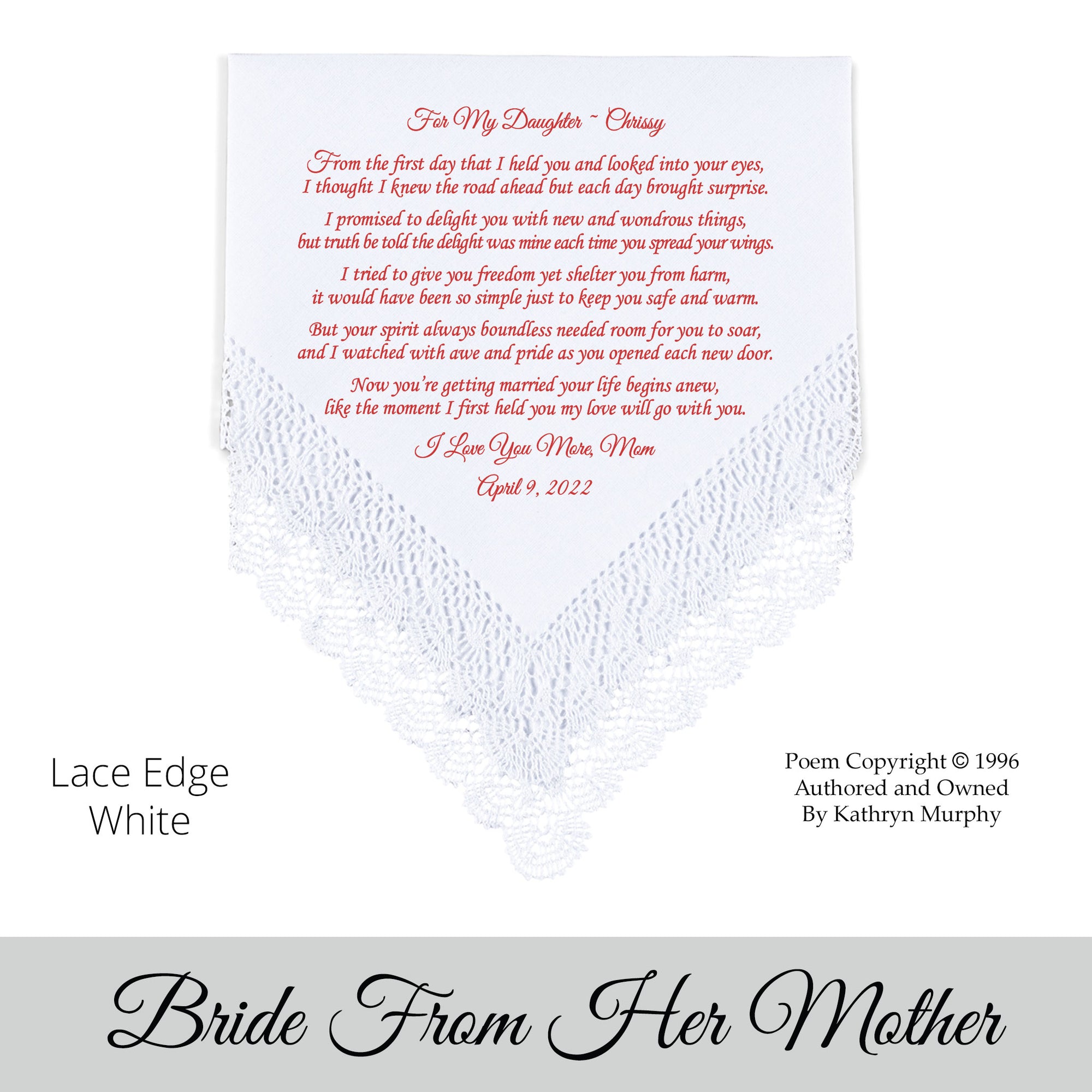 Gift for the Bride wedding hankie with the poem For My Daughter