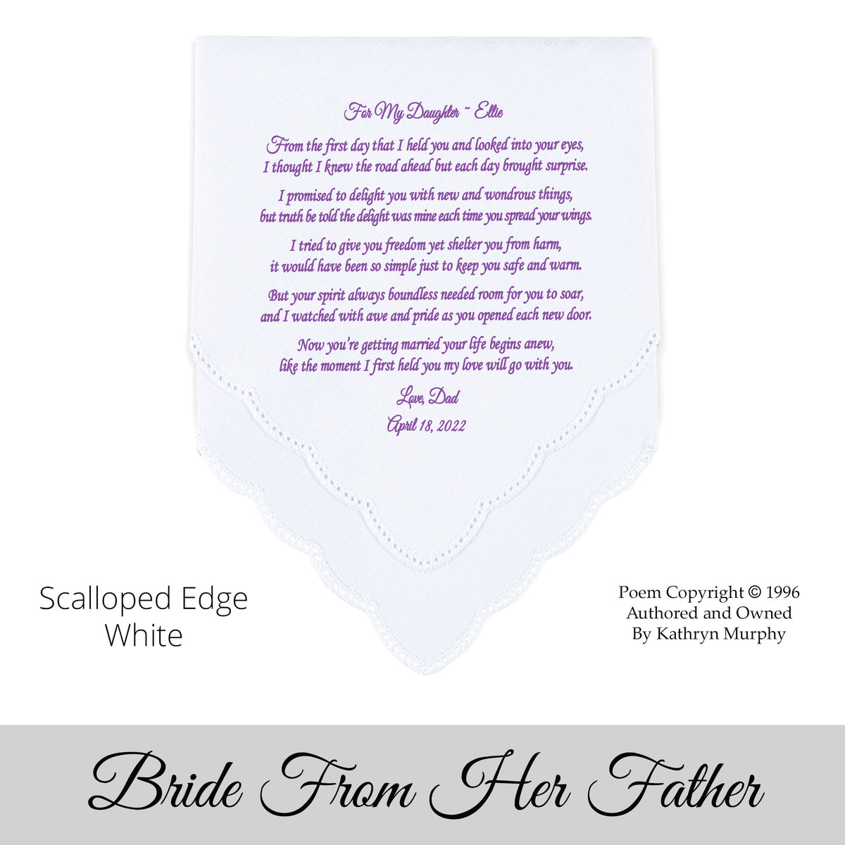 Gift for the Bride wedding hankie with the poem from her dad
