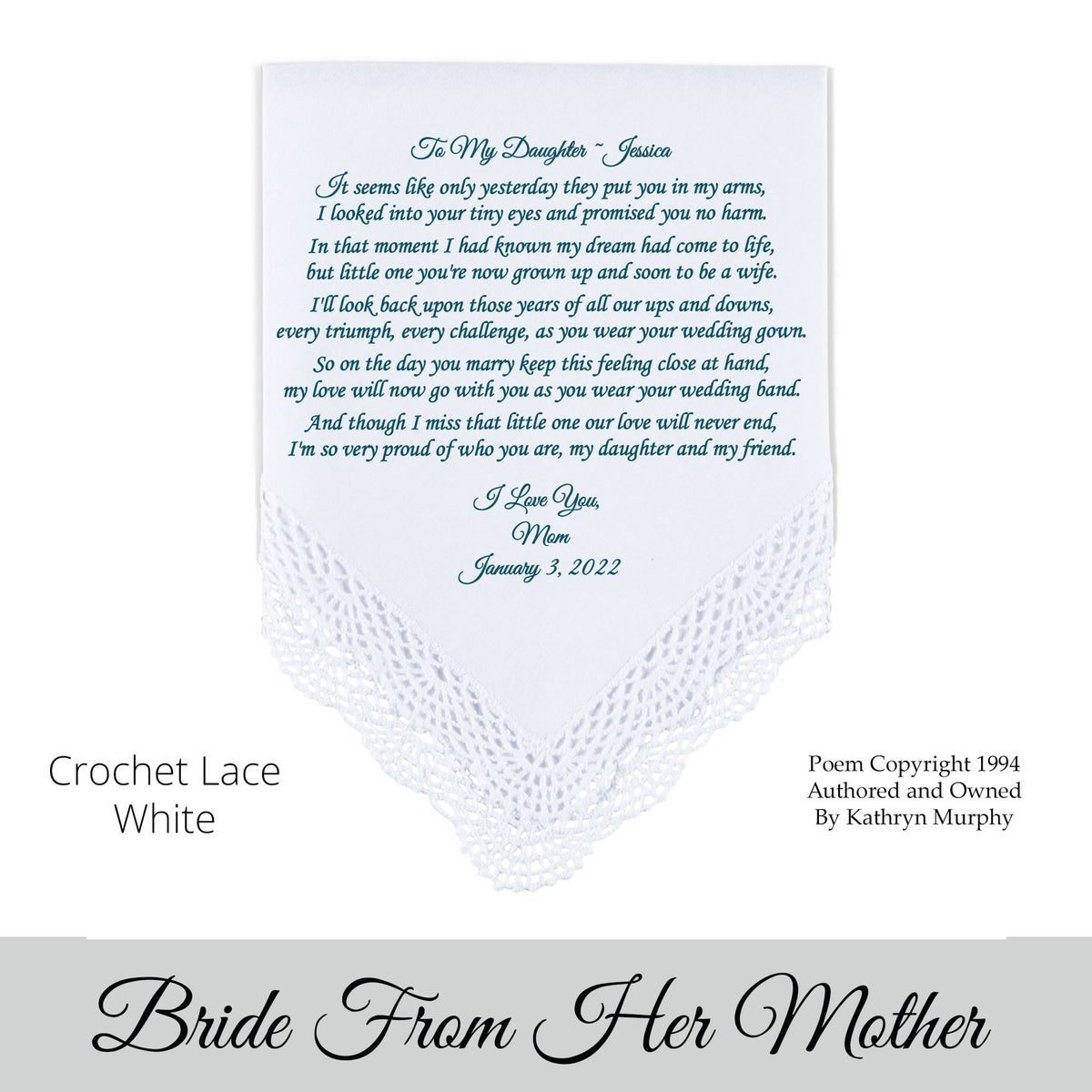 Poem Printed Wedding Hankie for the Bride from Her Mom  &quot;So Very Proud of Who You Are&quot;
