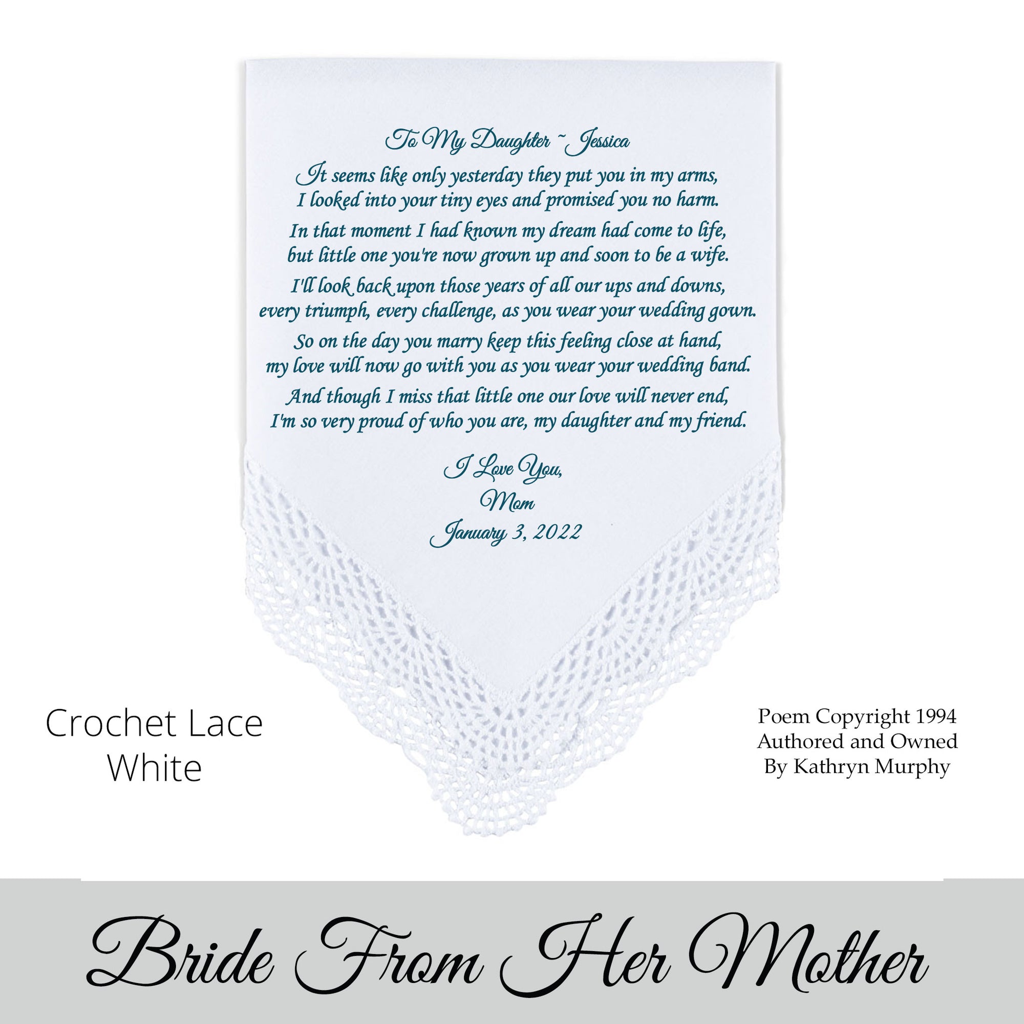 Poem Printed Wedding Hankie for the Bride from Her Mom  "So Very Proud of Who You Are"