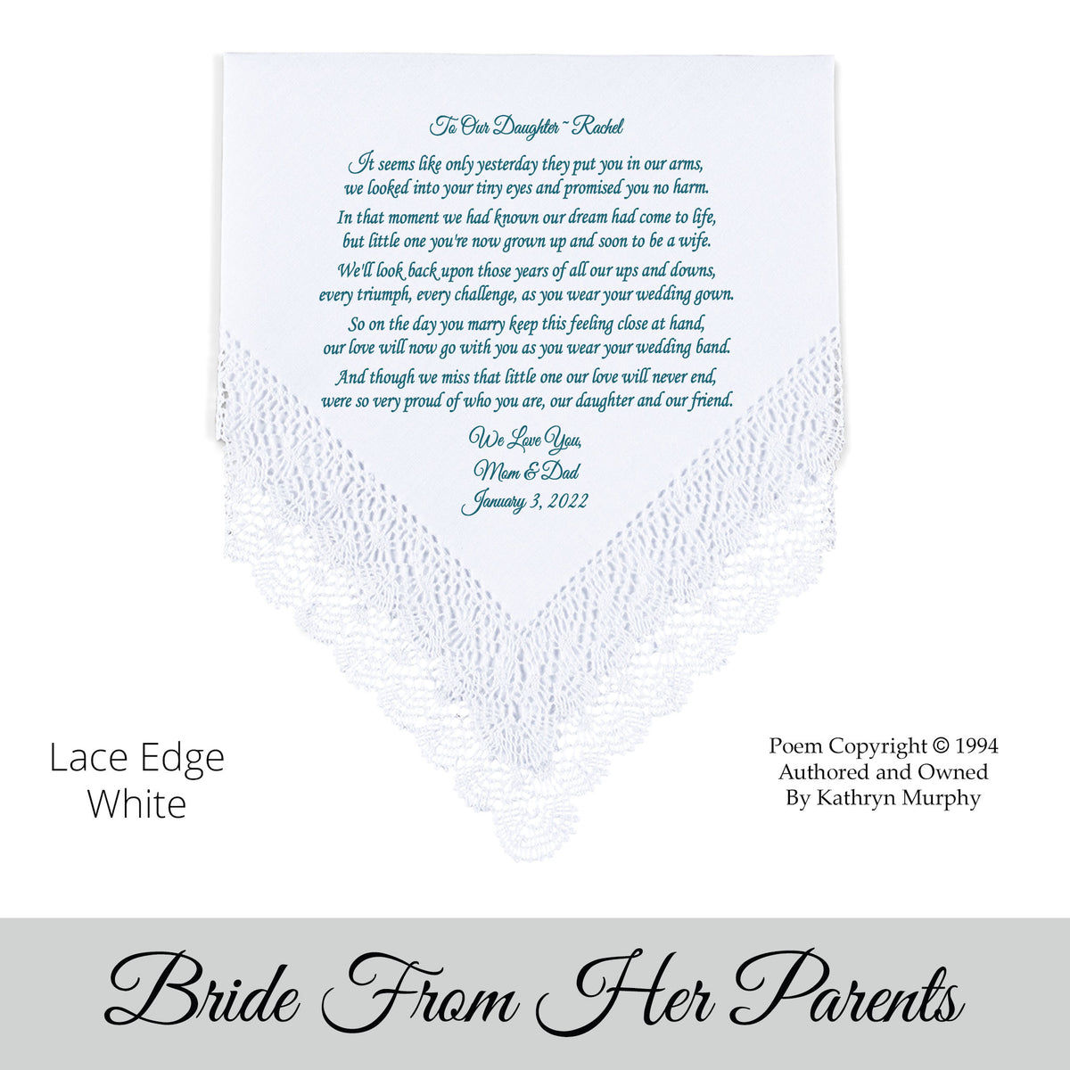Gift for the Bride wedding hankie with the poem For Our Daughter