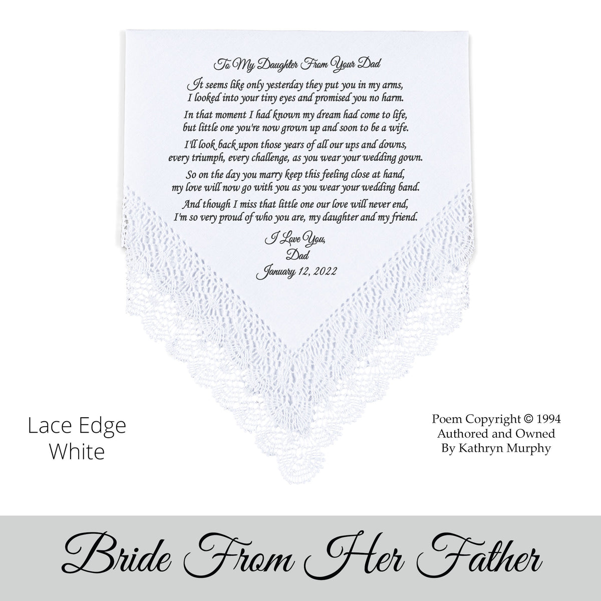 Gift for the Bride wedding hankie with the poem To My Daughter From Her Dad