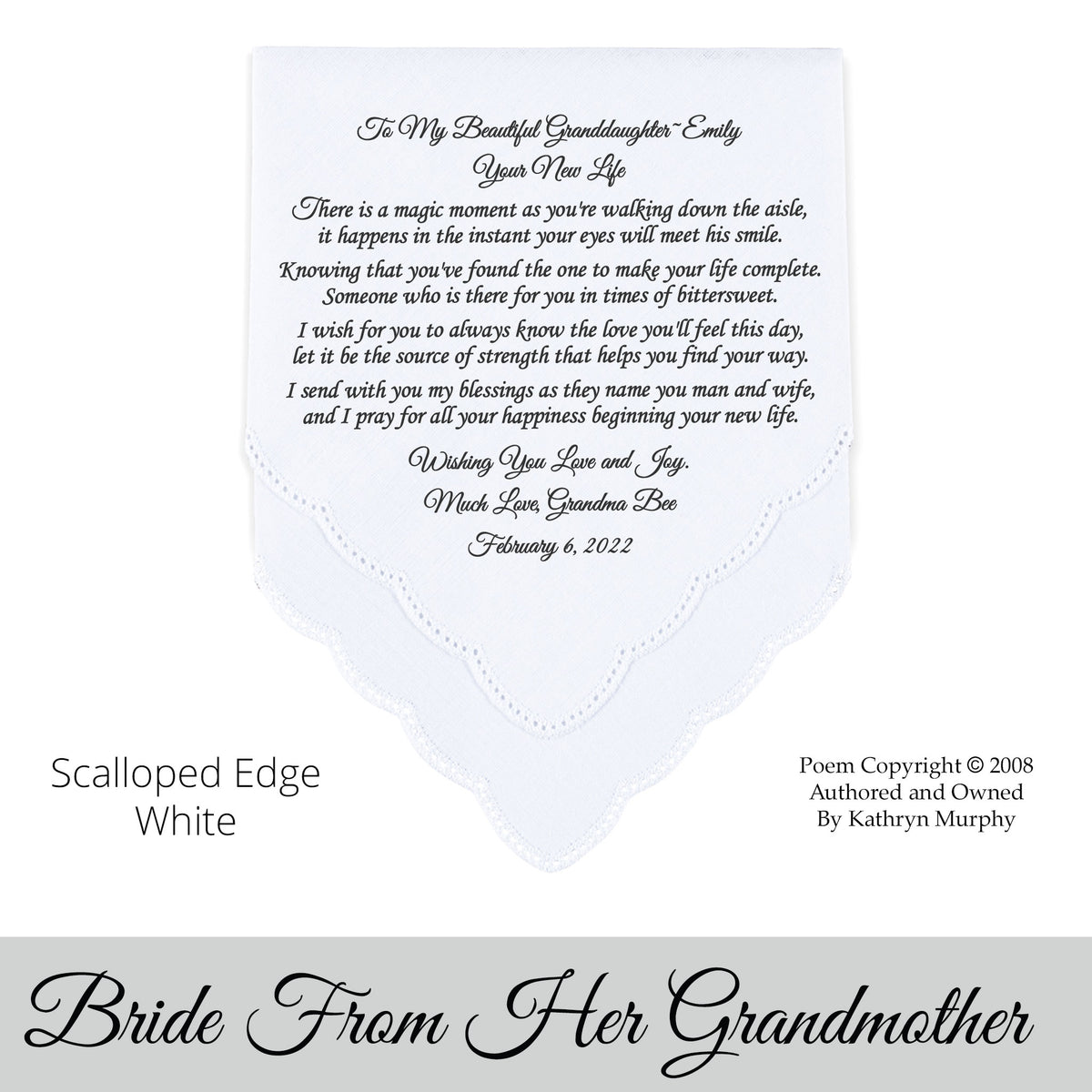 Gift for the Bride wedding hankie with the poem Your New Life