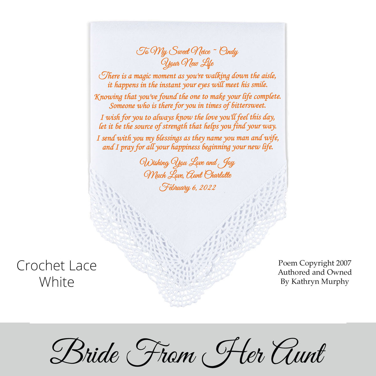 Wedding Hankie With Poem For the Bride From Her Aunt &quot;Your New Life&quot;