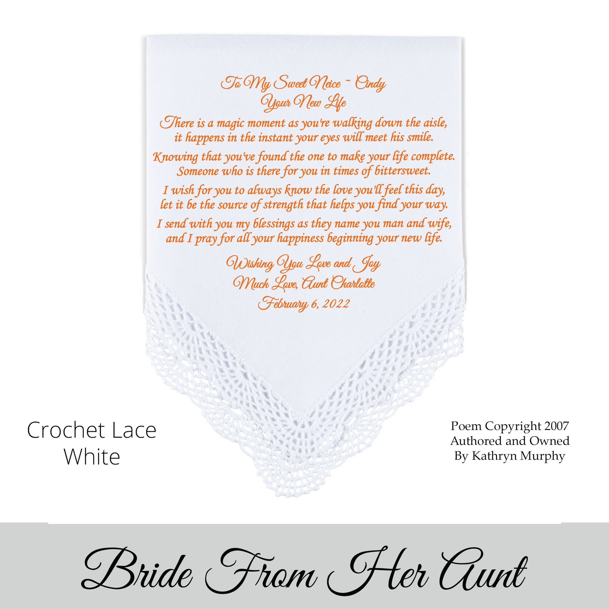 Wedding Hankie With Poem For the Bride From Her Aunt "Your New Life"
